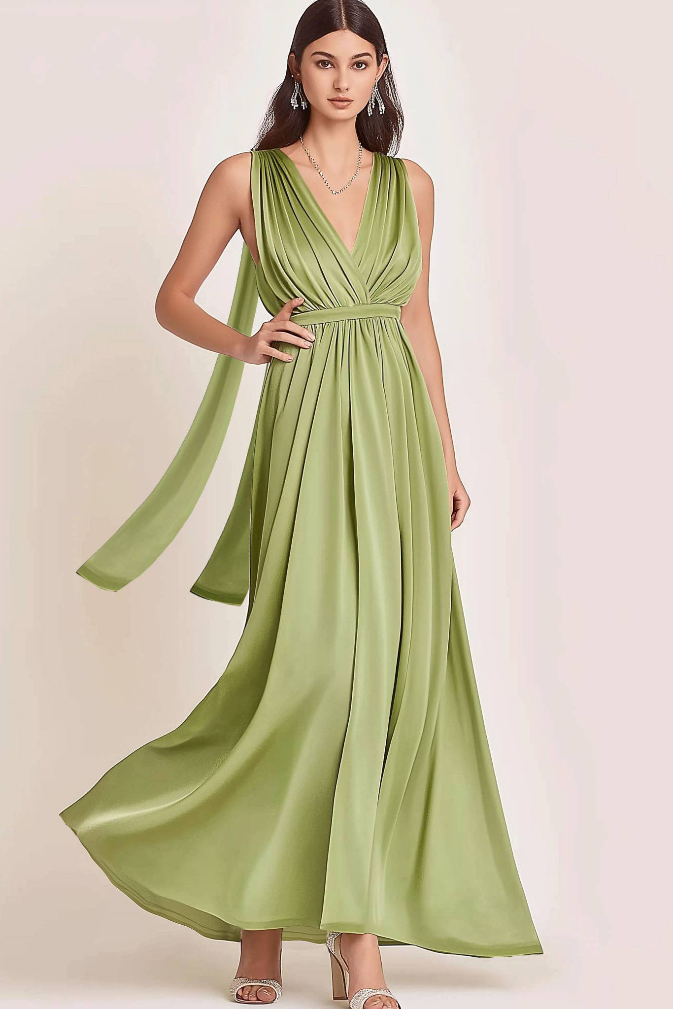 Wedding Guest Semi-Formal Dress Green Satin V-Neck Sleeveless Maxi Dress