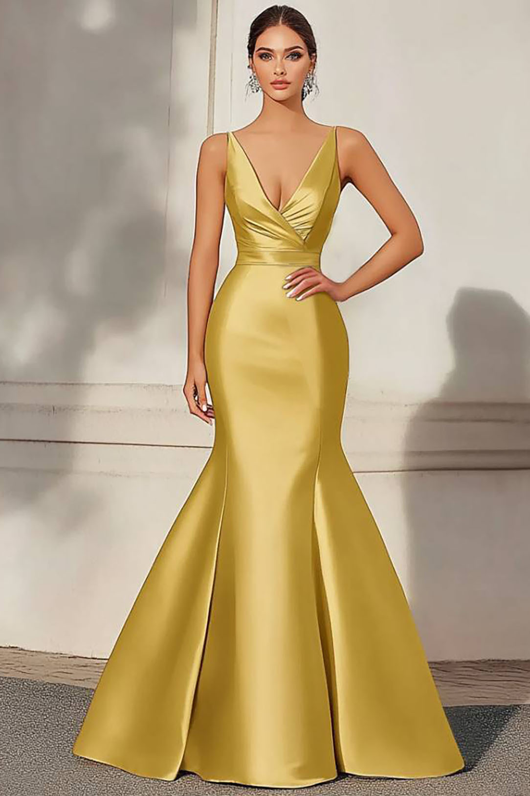 Formal Evening Dress Yellow Satin Deep V Mermaid Floor-Length Gown
