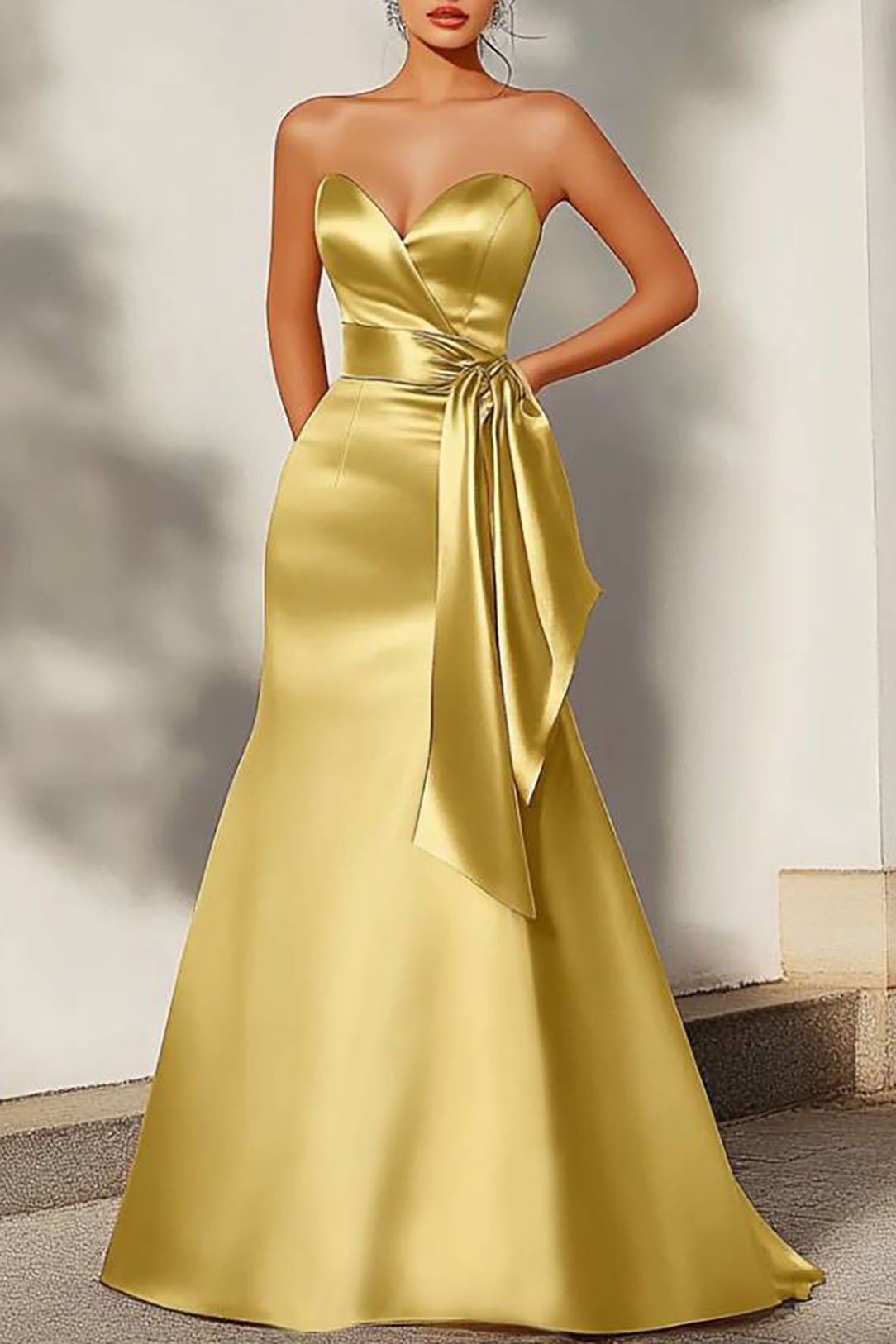 Formal Evening Dress Yellow Satin Strapless Floor-Length Gown