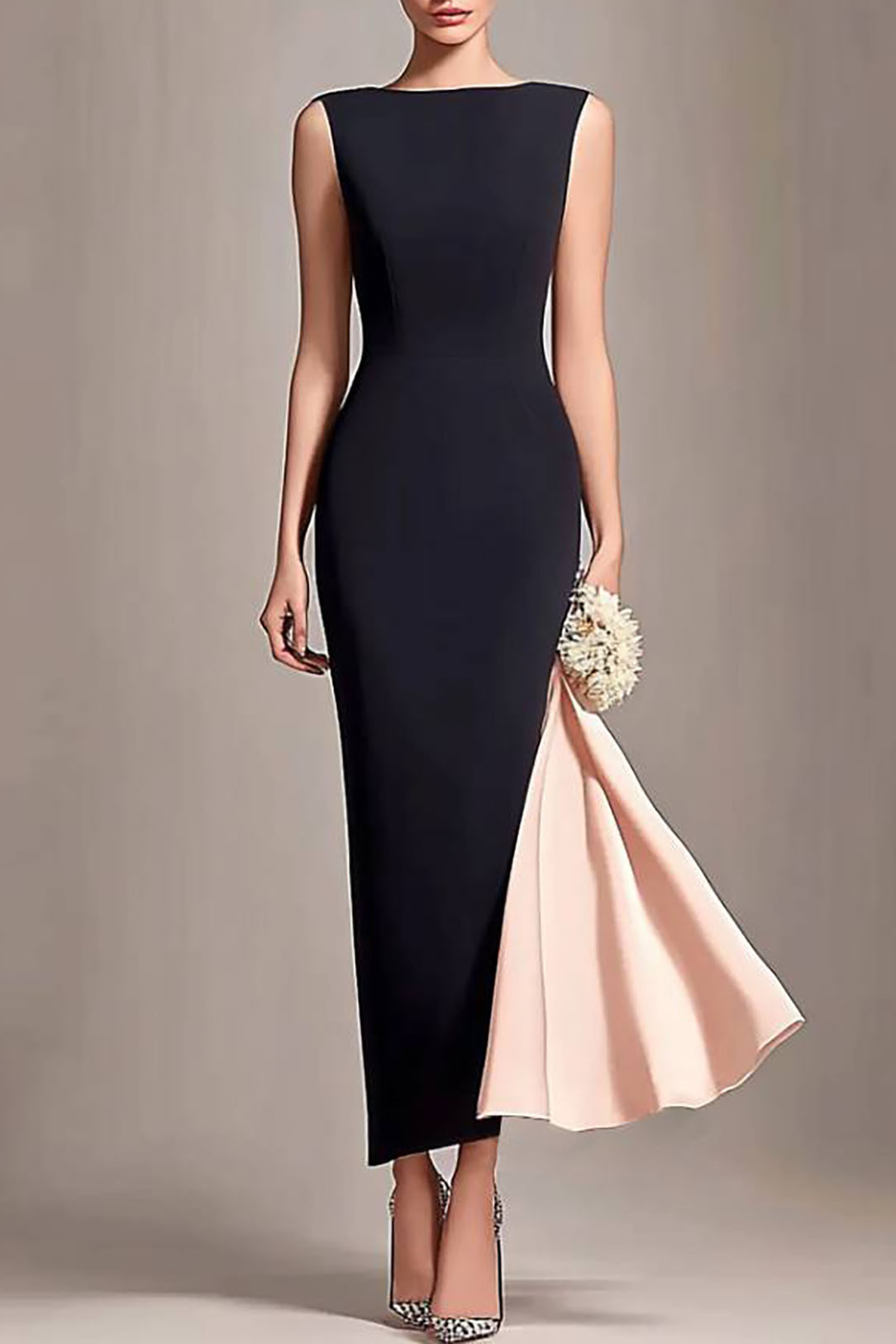 Semi-Formal Party Dress Black Pink Sleeveless Round Neck Fitted Maxi Dress