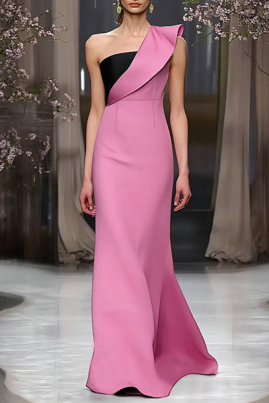 Formal Evening Dress Pink Black One Shoulder Ruffle Floor-Length Gown