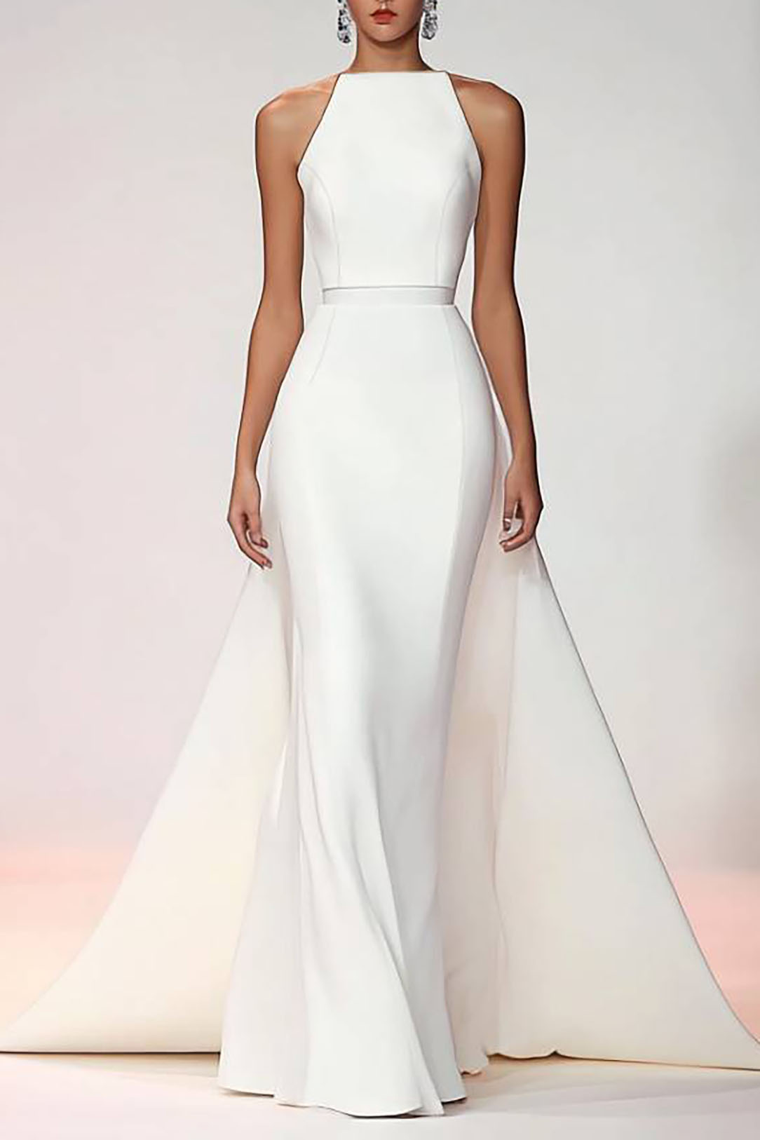 Formal Evening Dress White Halter Sleeveless Train Gown