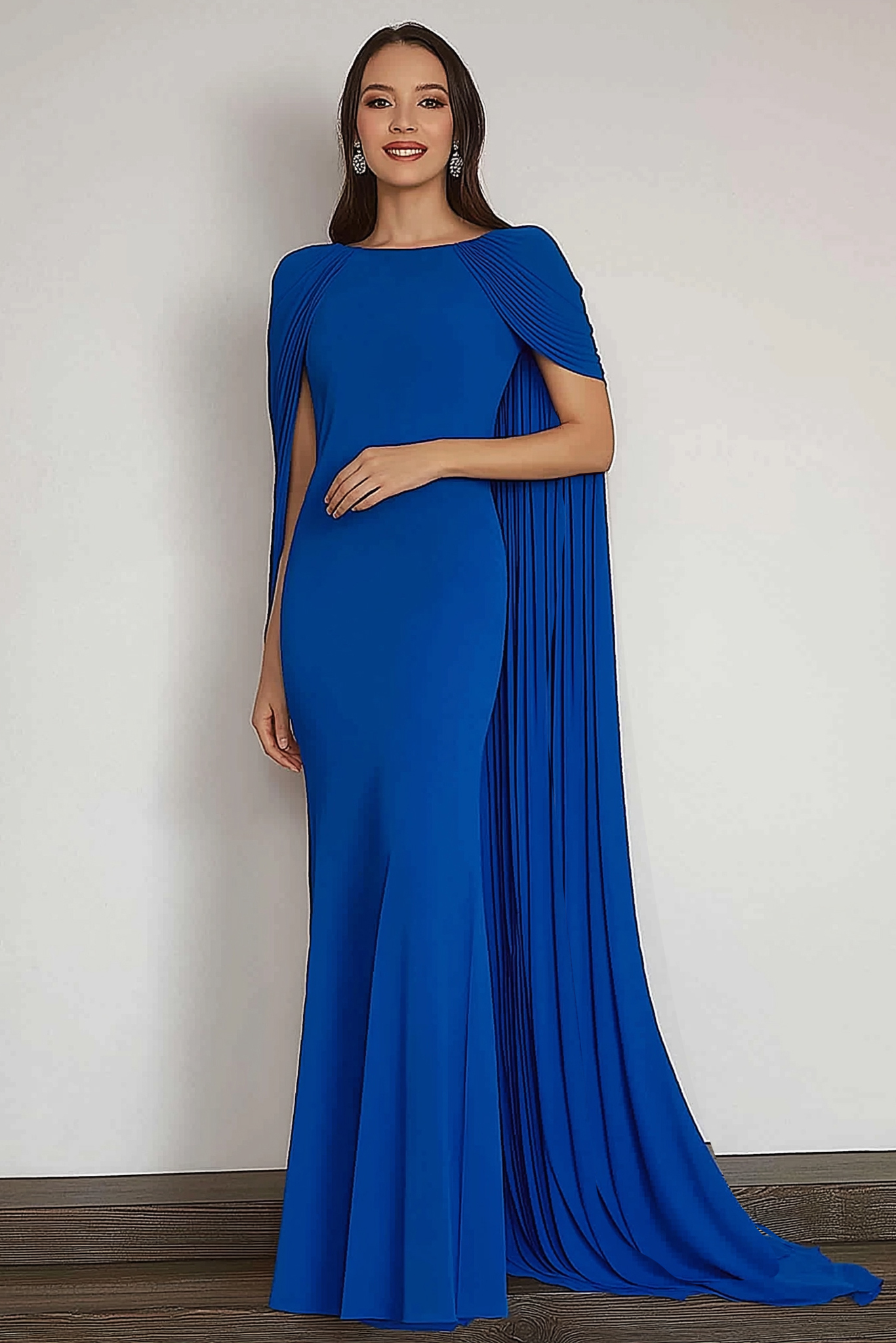 Evening Formal Dress Blue Round Neck Cape Mermaid Floor-Length Gown