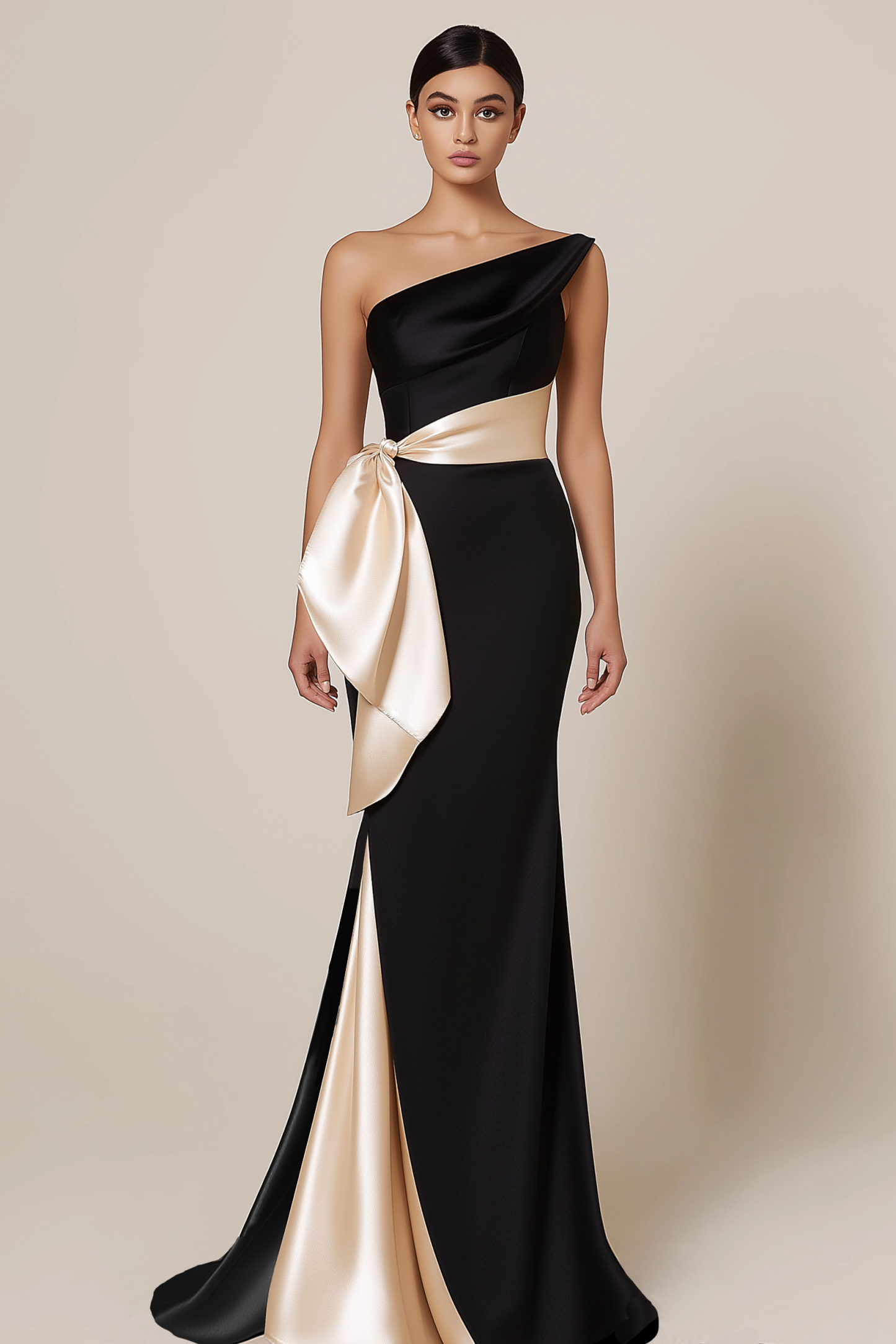 Evening Formal Dress Black Pink Satin One Shoulder Floor-Length Dress