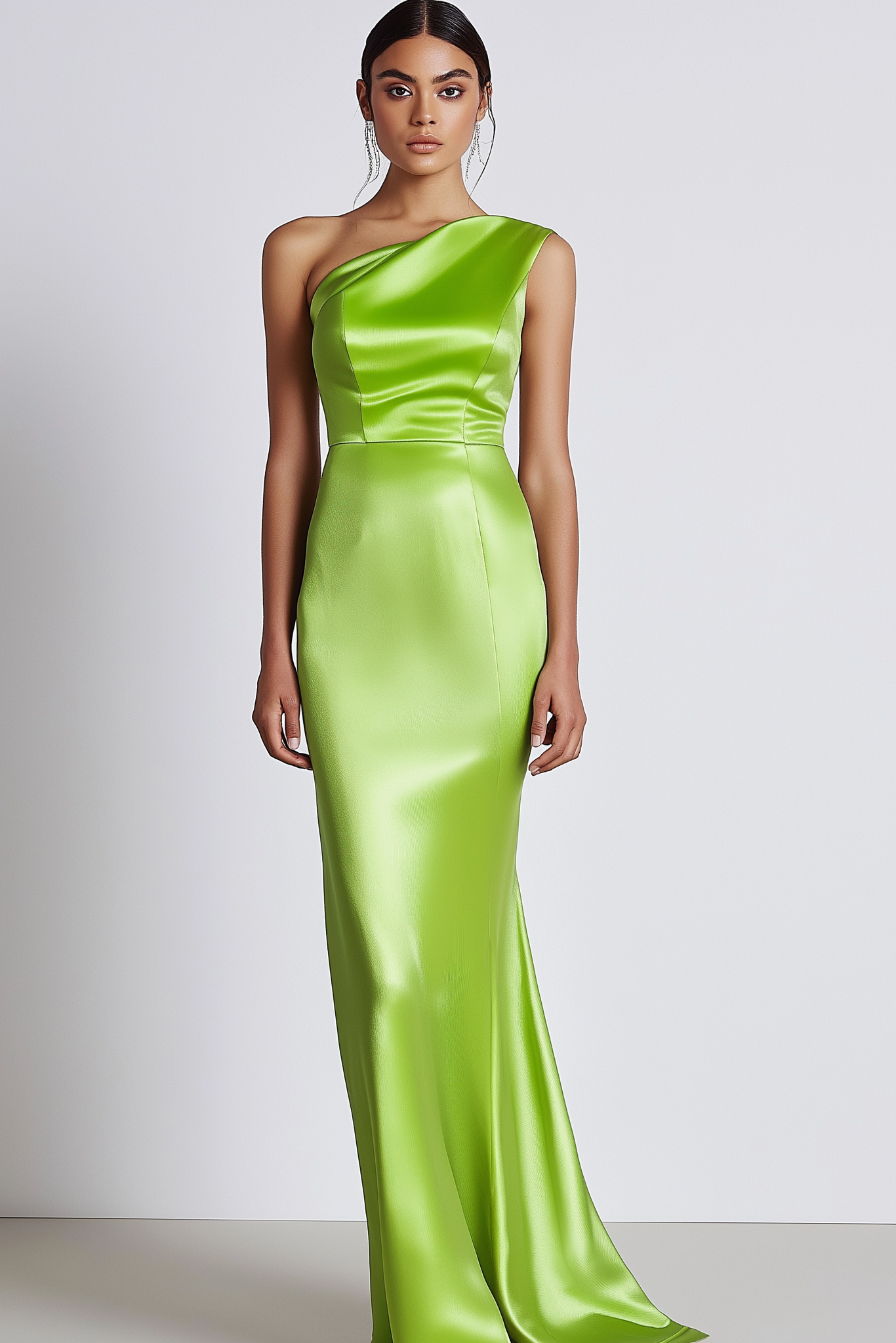 Evening Formal Dress Green Satin One Shoulder Floor-Length Dress