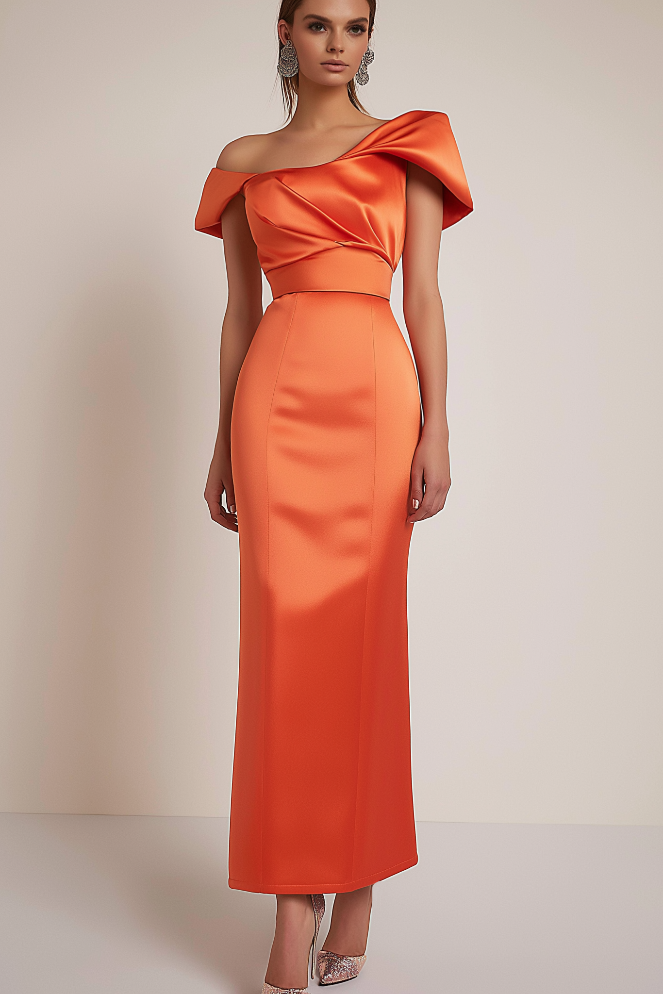Evening Formal Dress Orange Satin Off Shoulder Maxi Dress
