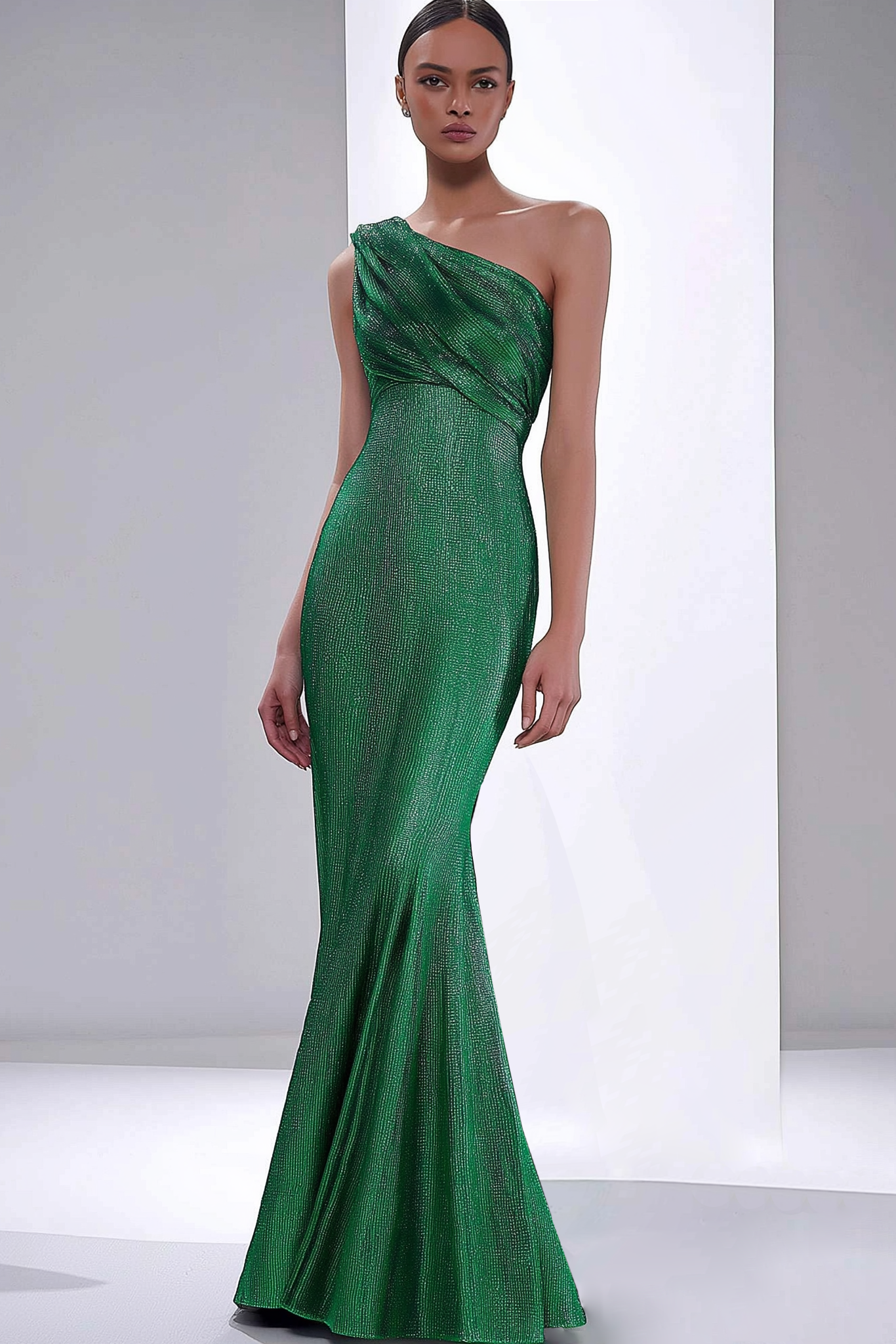 Evening Formal Dress Green One Shoulder Stretch Mermaid Floor-Length Dress
