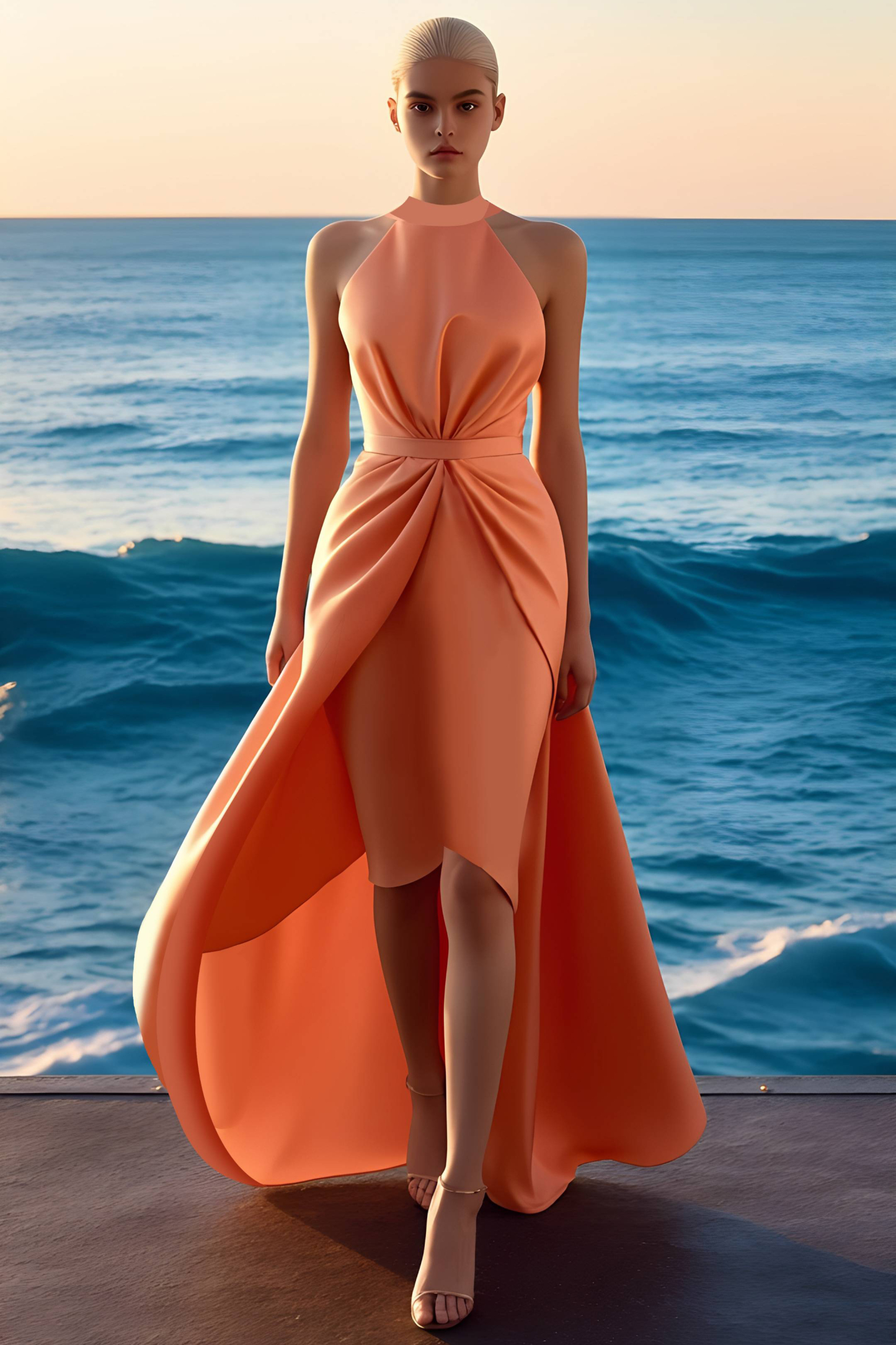 Semi-Formal Halter Dress Orange Satin Waist Pleated Knee-Length with Train Dress