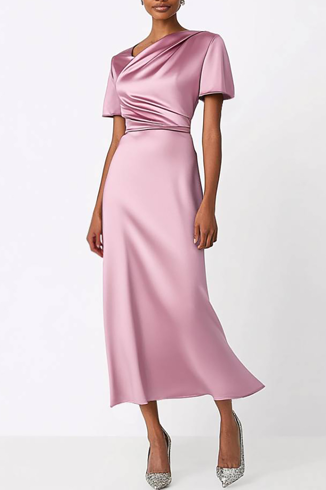 Wedding Guest Semi-Formal Dress Light Purple Satin Irregular Neck Midi