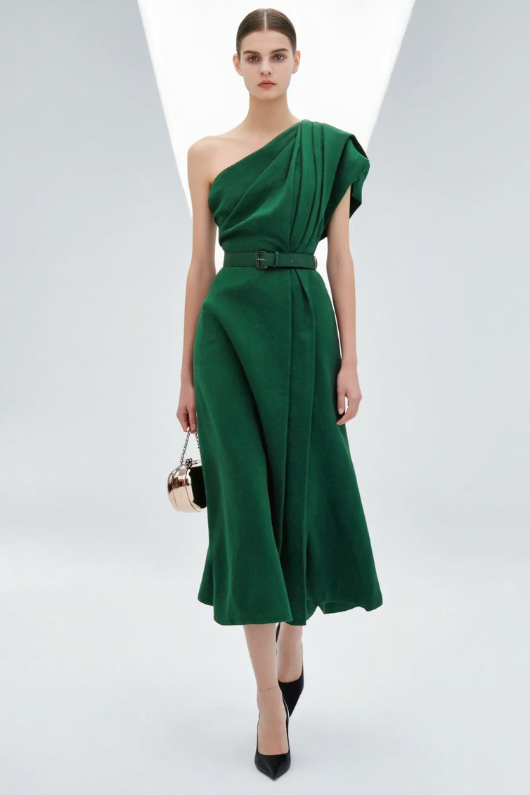 Chic Party Dress Green One Shoulder Ruched with Belt Midi Dress