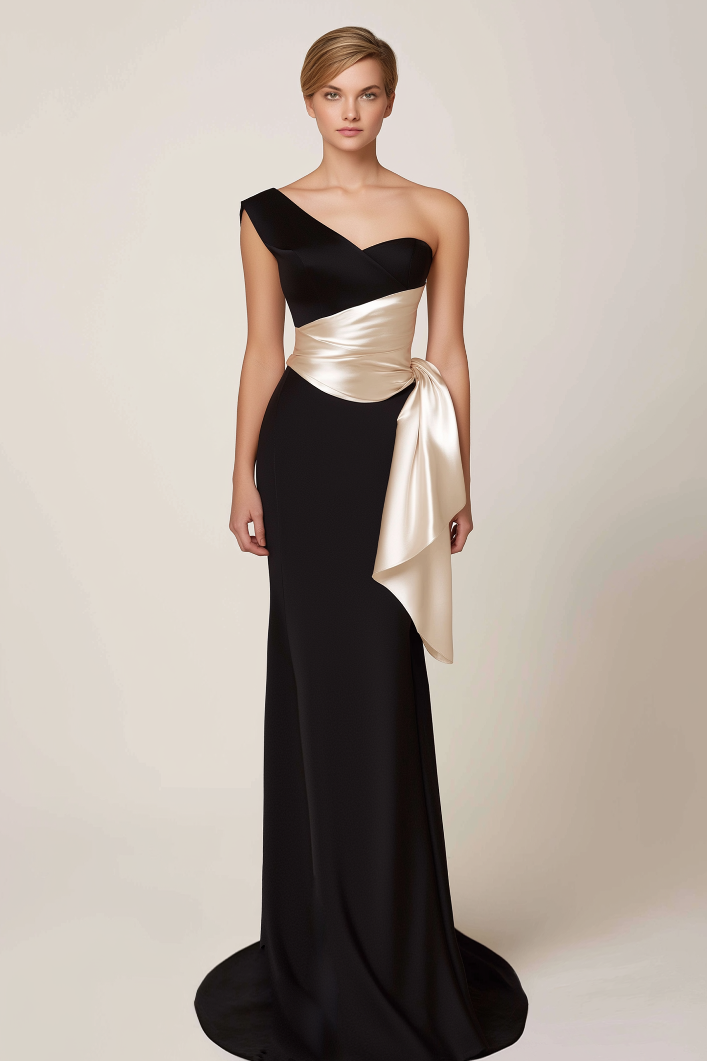 Formal Evening Dress Black One Shoulder Beige Belt Floor-Length Gown