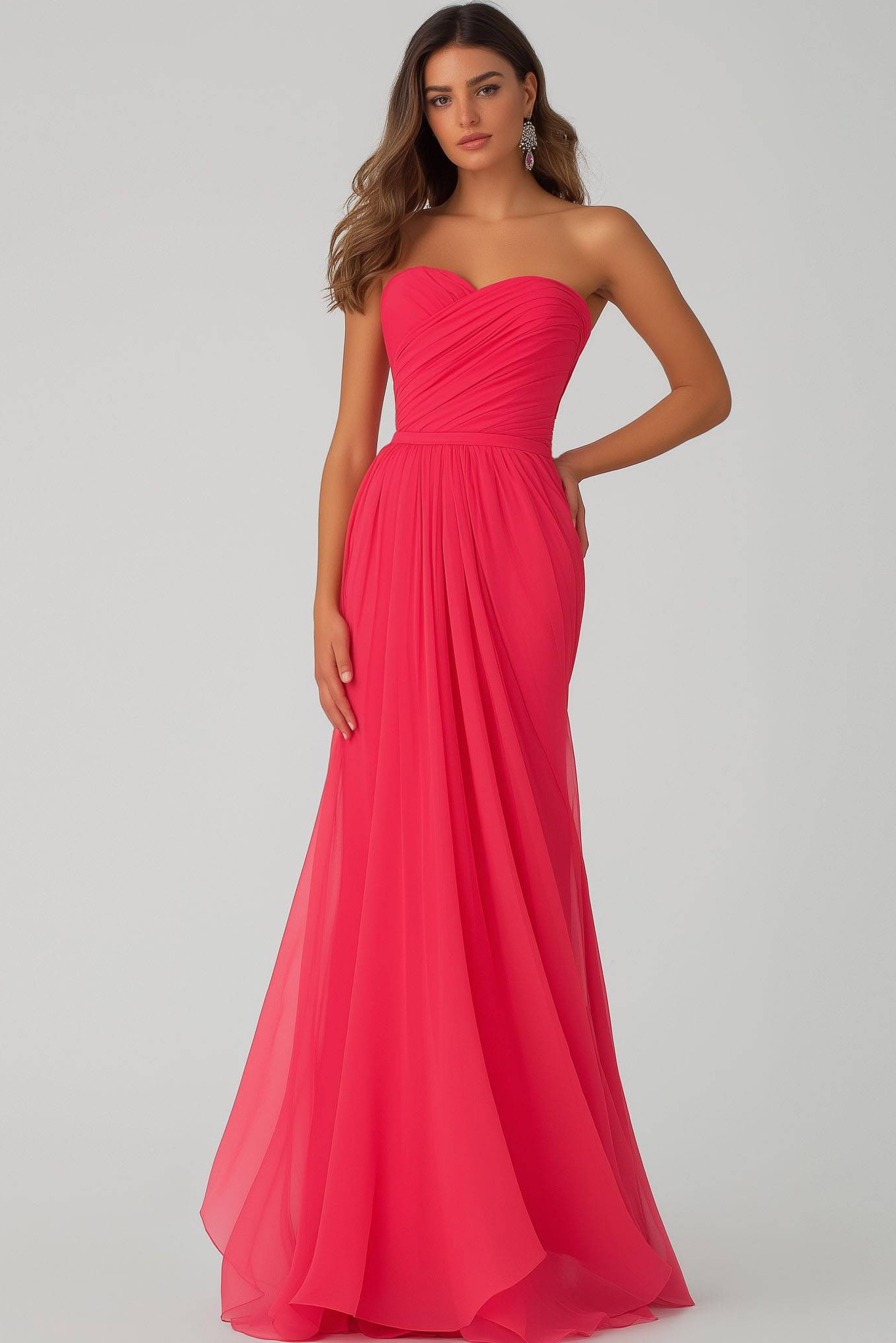 Formal Evening Strapless Dress Rose Chiffon Floor-Length Gown