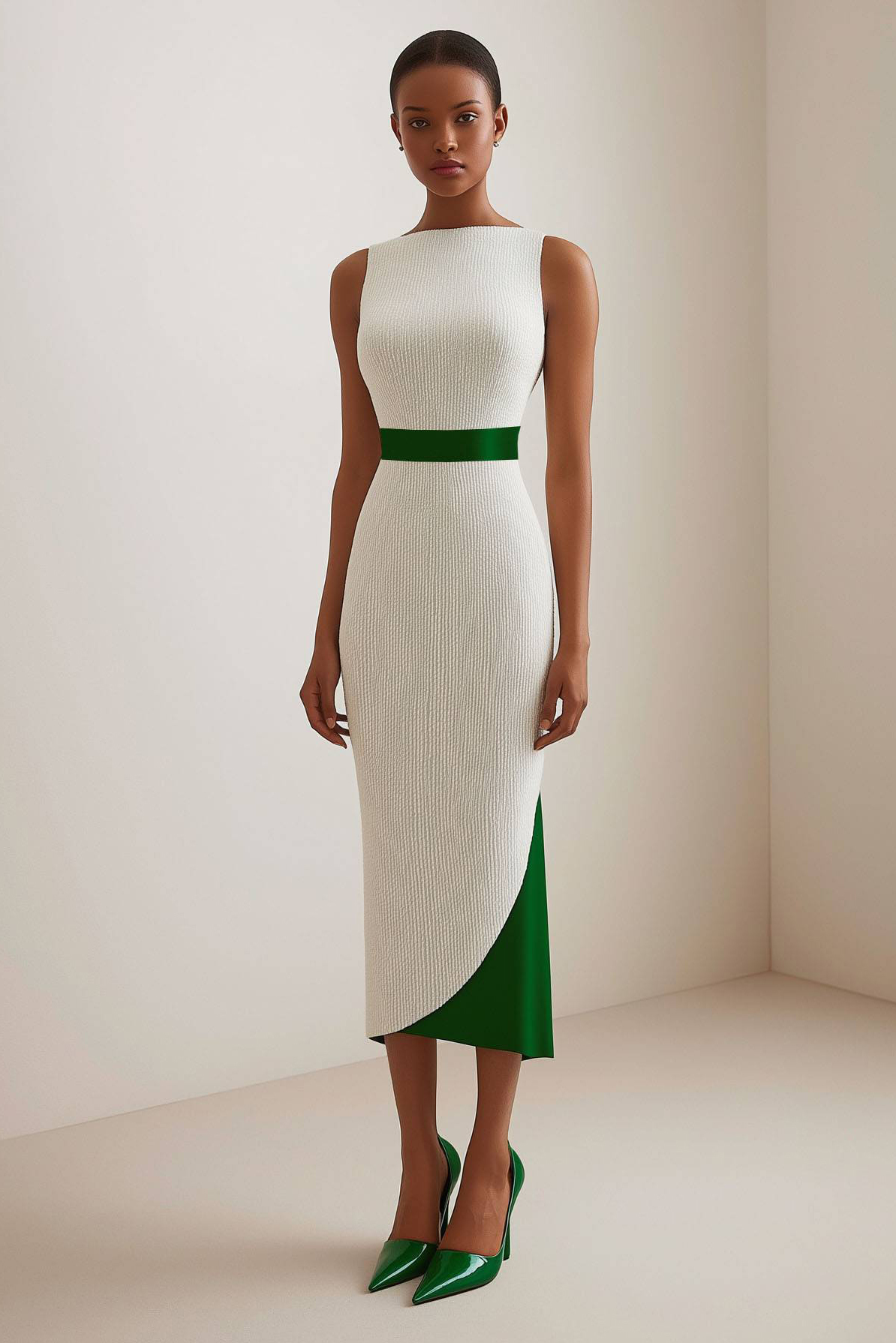 Semi-Formal Party Dress White Green Sleeveless Satin Waist Belt Midi Dress
