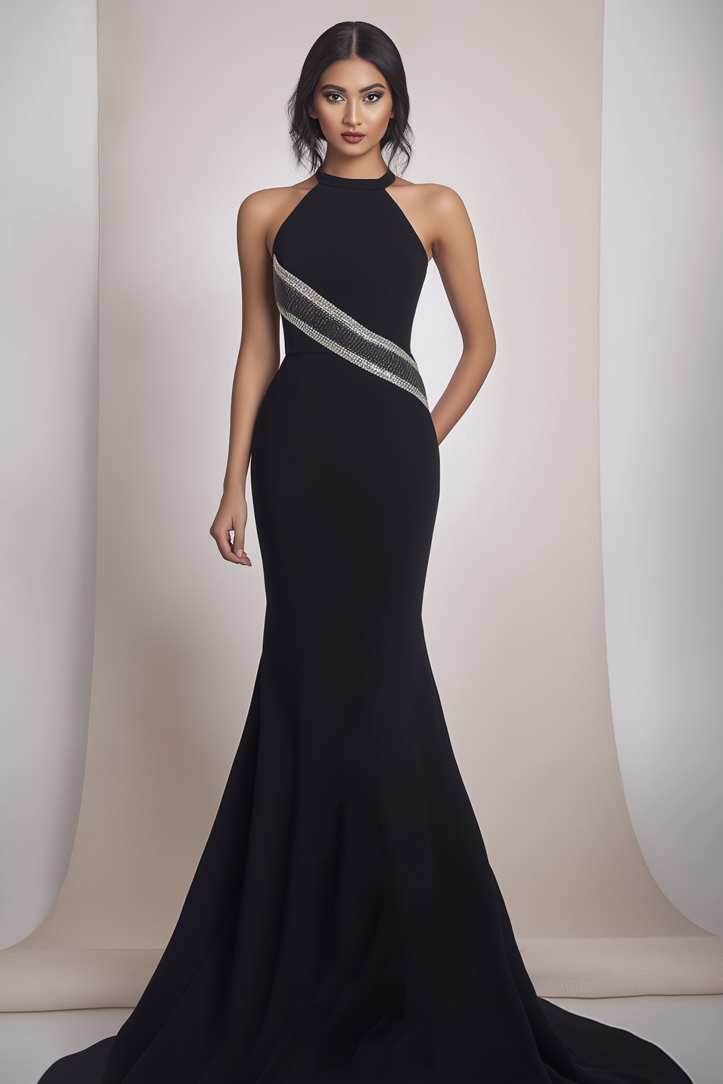 Formal Evening Halter Dress Black Ribbon Mermaid Floor-Length Gown
