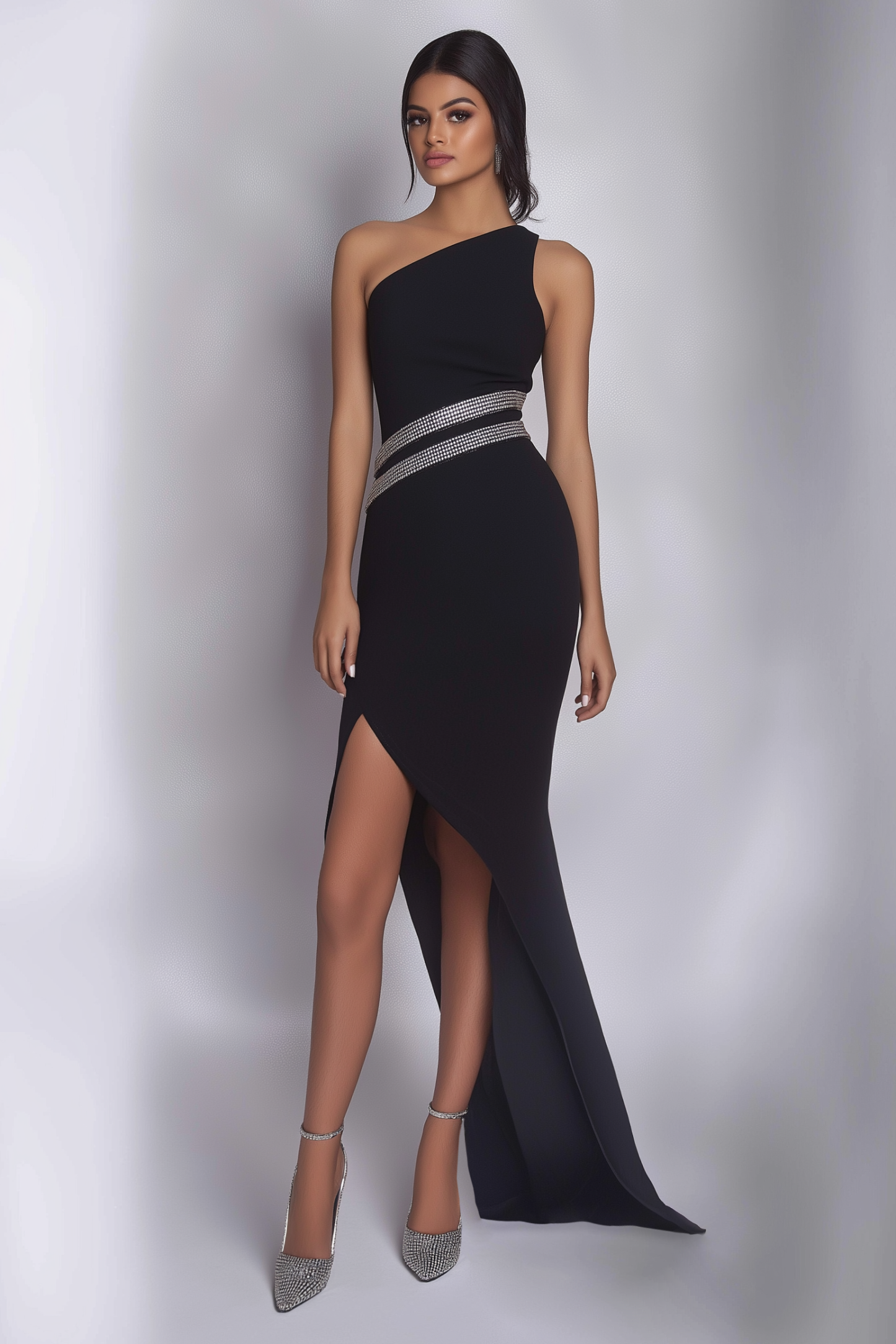 Semi-Formal Party Dress Black One Shoulder Slit Floor-Length Dress