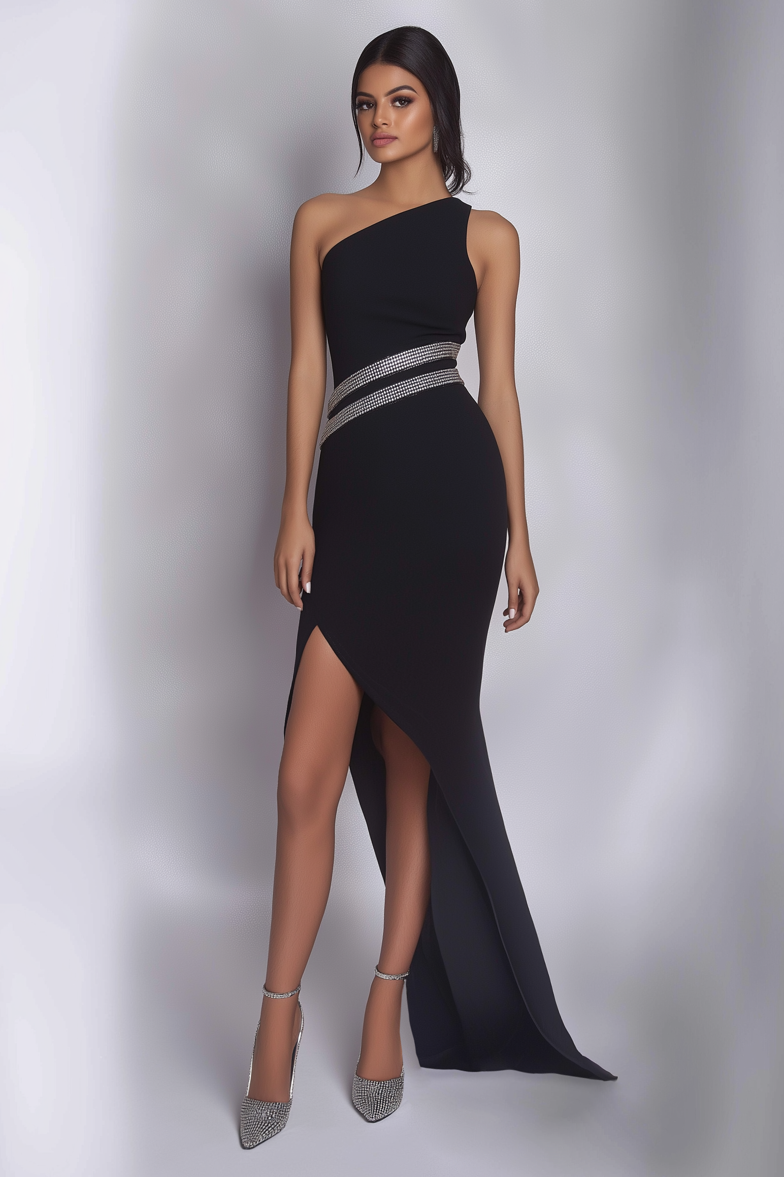 Semi-Formal Party Dress Black One Shoulder Slit Floor-Length Dress