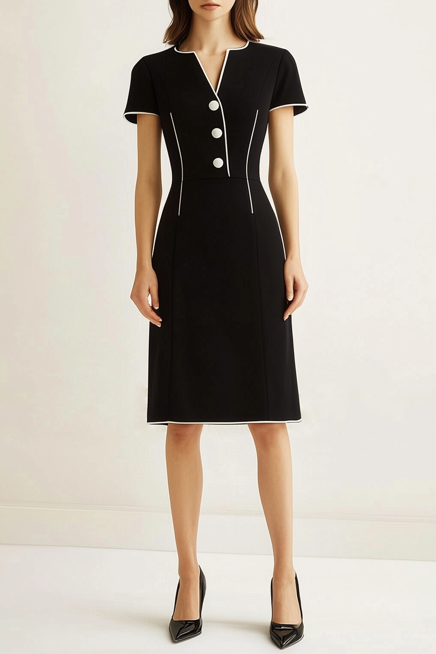Work Semi-Formal Dress Black V-Neck Short Sleeve A-Line Mini Dress