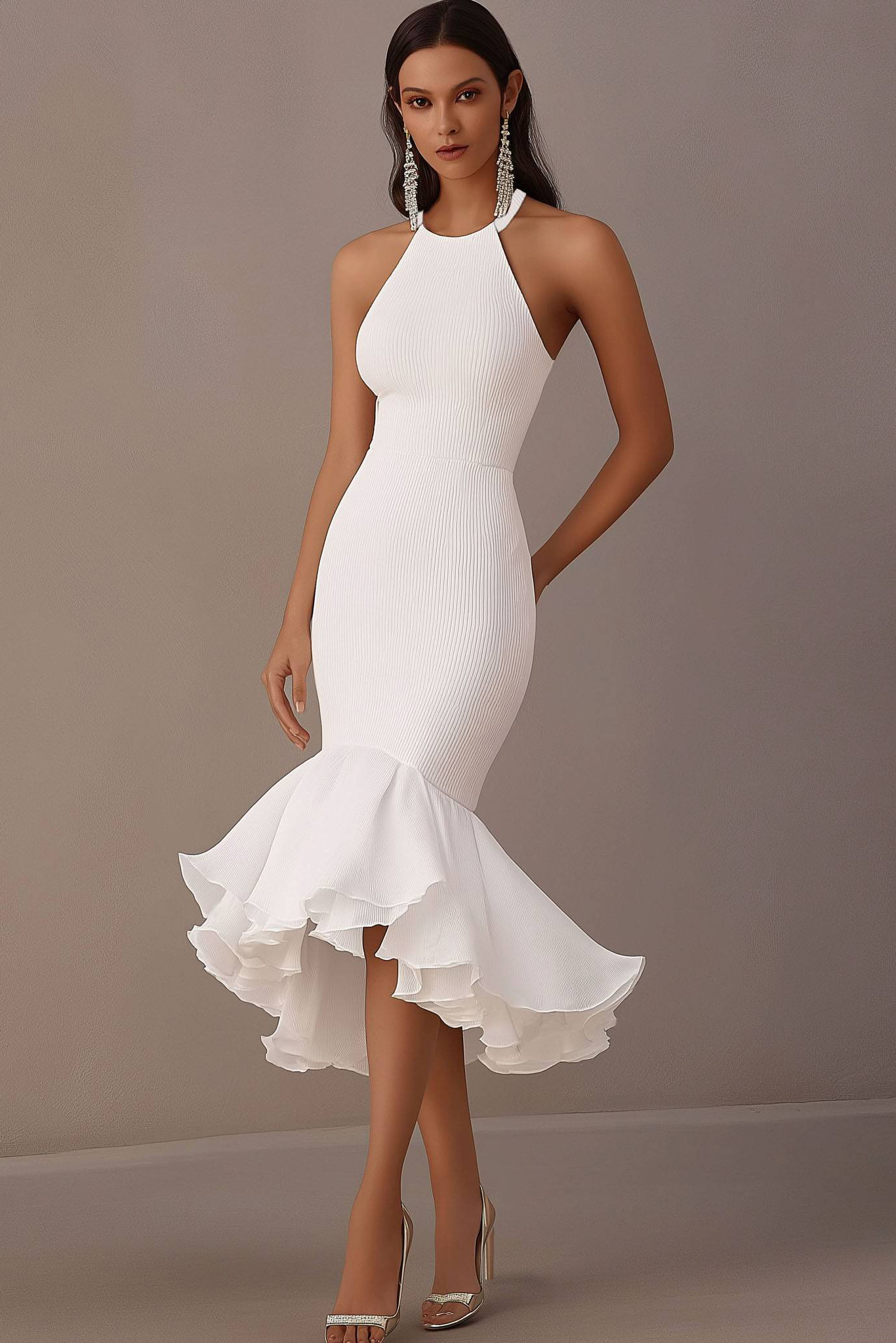 Cocktail Party Halter Neck Dress White Fitted Mermaid Midi Dress