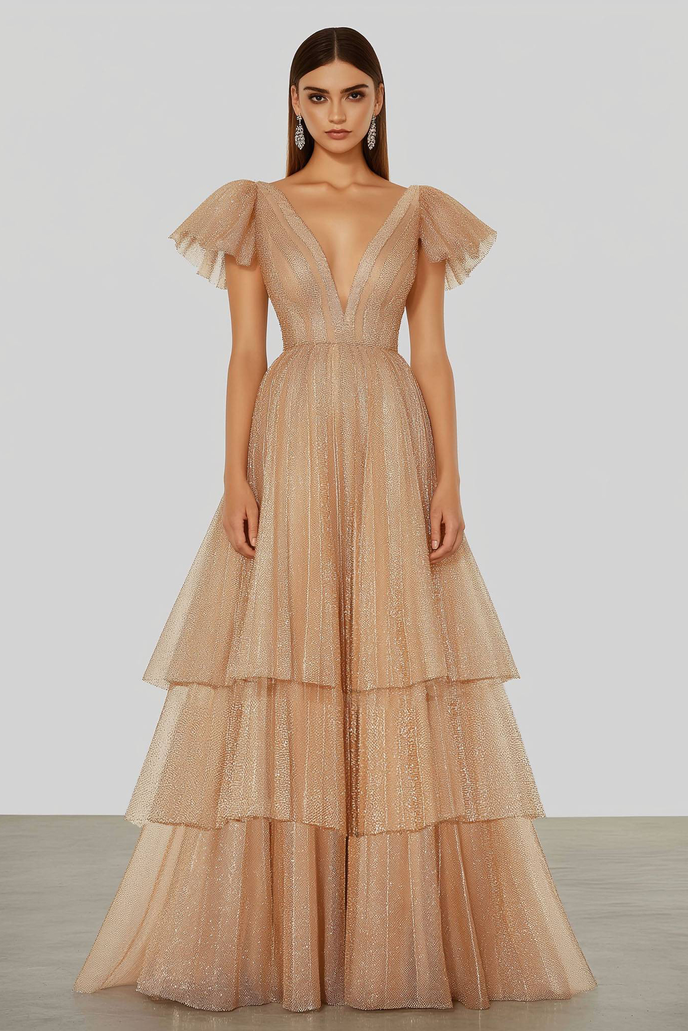 Evening Tiered Layer Dress Champagne Deep V-Neck Tulle Floor-Length Gown