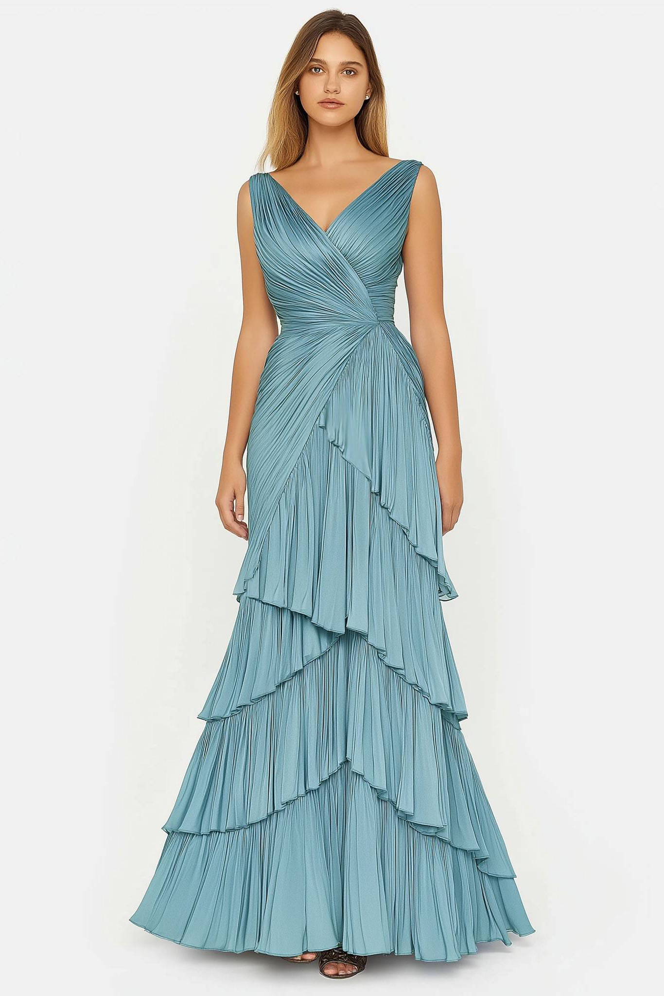 Formal Tiered Layer Dress Blue Sleeveless Pleated V-Neck Floor-Length Gown