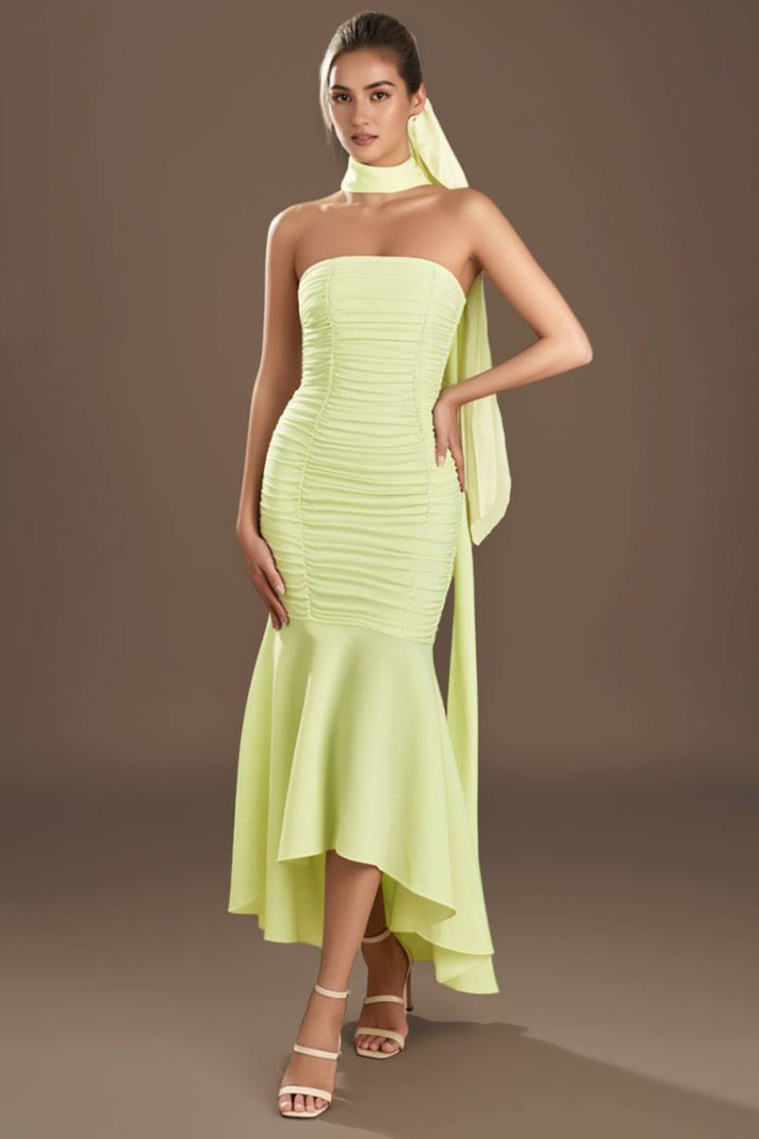 Holiday Party Halter Neck Dress Light Green Strapless Ruched Mermaid Midi Dress