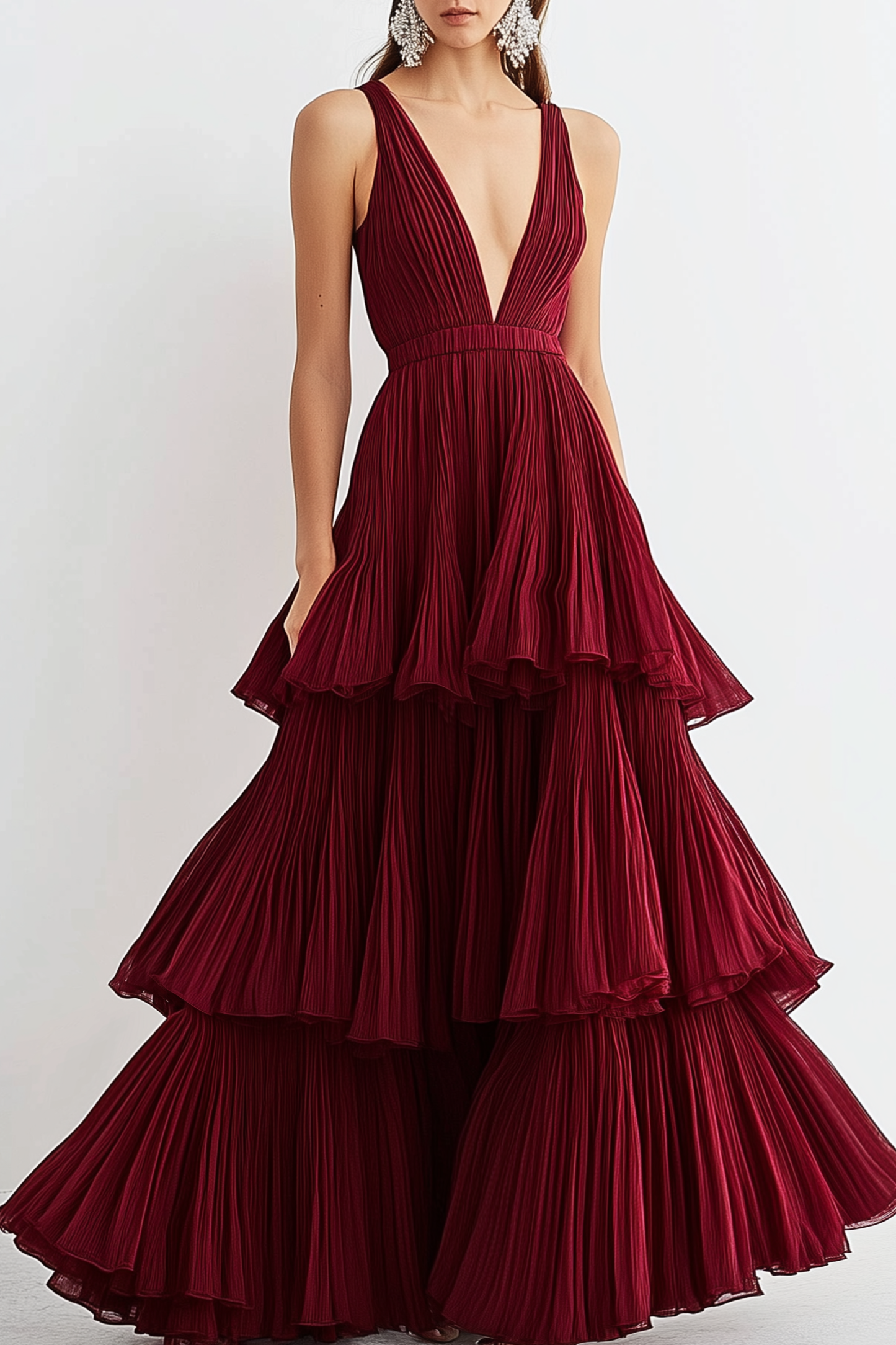 Formal Tiered Layer Dress Red Sleeveless Deep V Pleated Floor-Length G