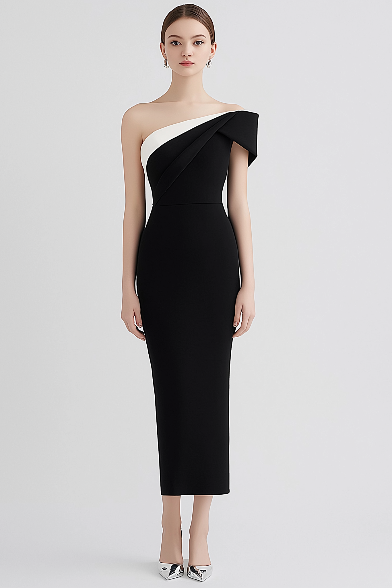 Formal Evening Dress Black White One Shoulder Fitted Midi Dress
