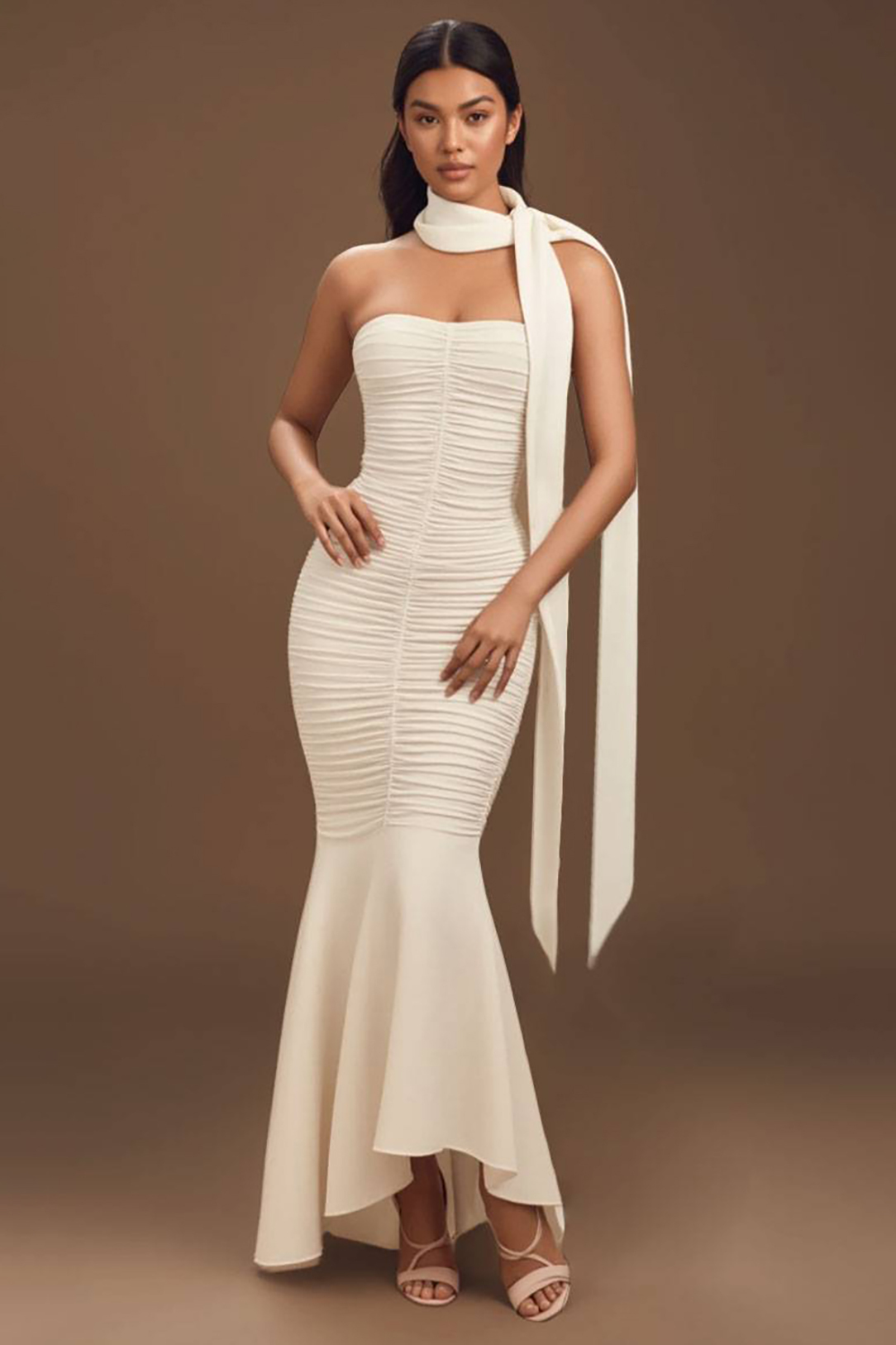 Holiday Party Halter Neck Dress Beige Strapless Mermaid Maxi Dress