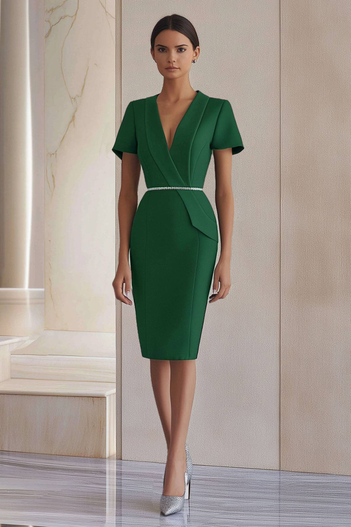 Work Blazer Dress Green V Neck Waist Diamond Detail Knee Length Dress