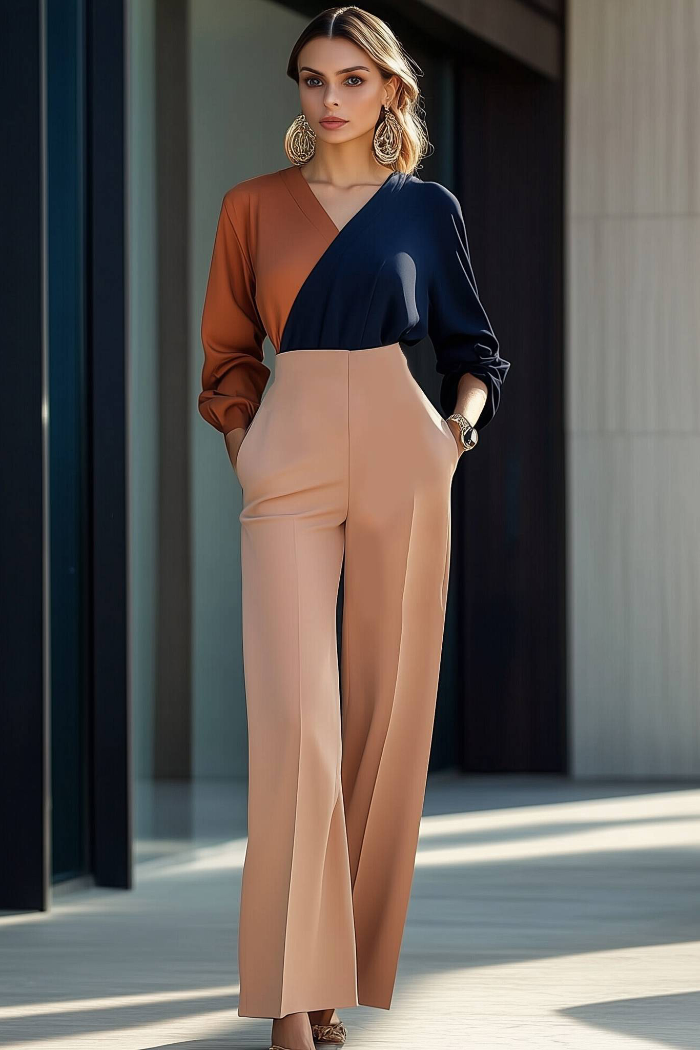 Semi Formal Party Jumpsuit Brown Black V Neck Pocket Jumpsuit