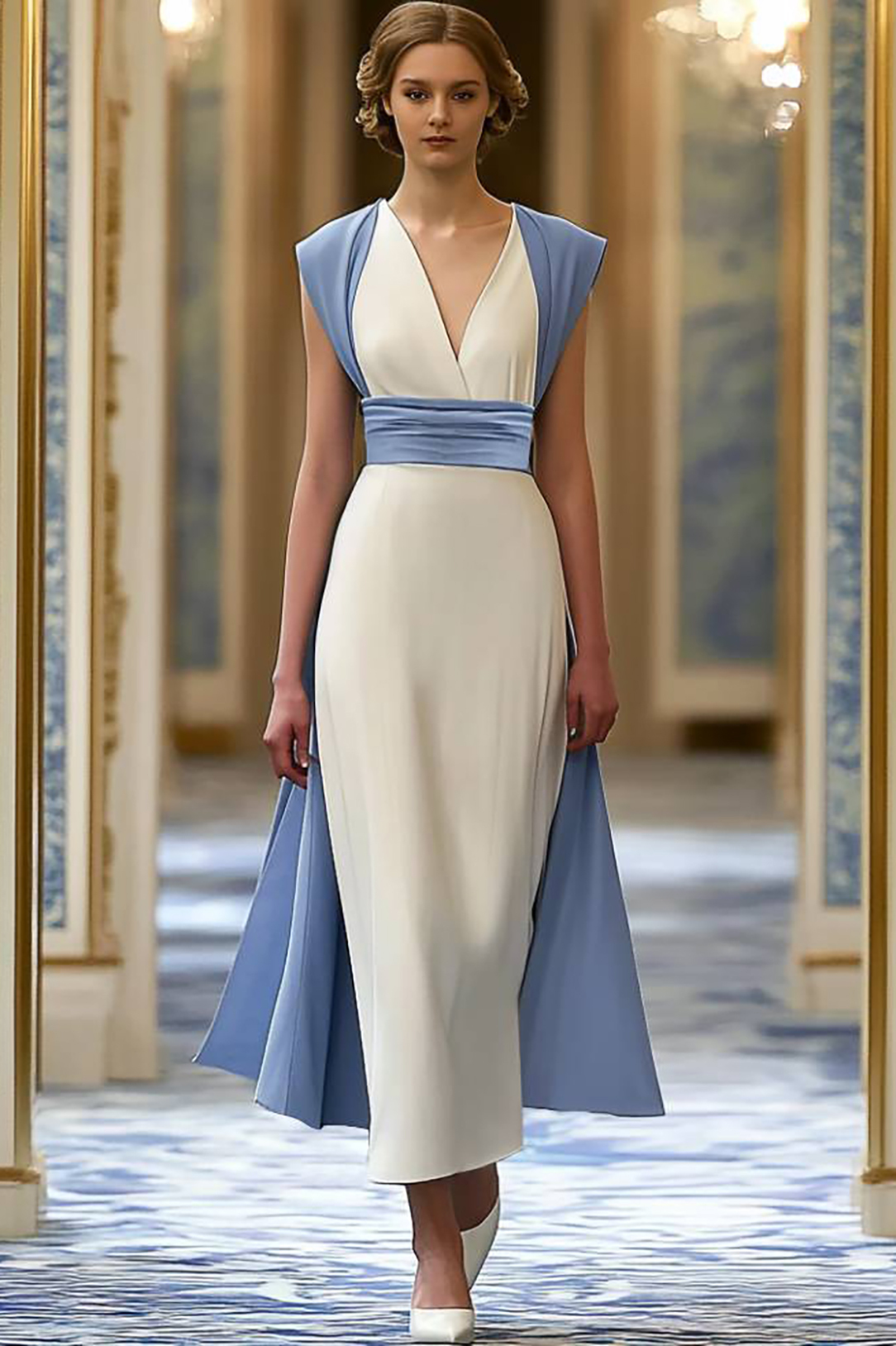 Semi Formal Party Blue White Sleeveless V Neck Midi Dress