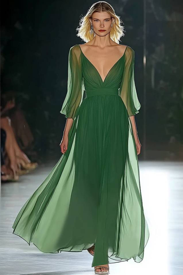 Vacation Dress Green Chiffon Deep V Maxi Dress