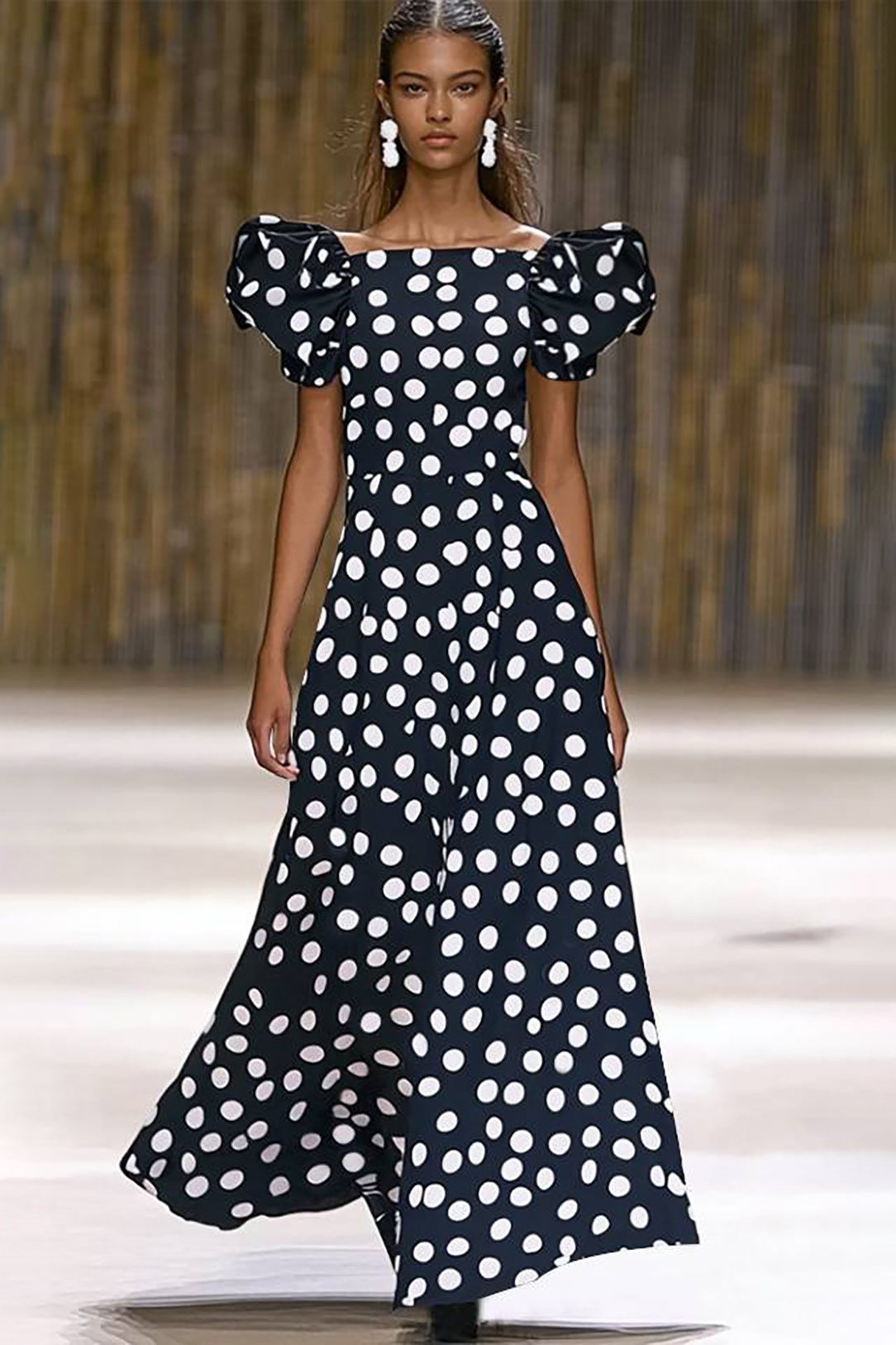 Holiday Party Dress Black White Polka Dot Puff Sleeve Maxi Dress