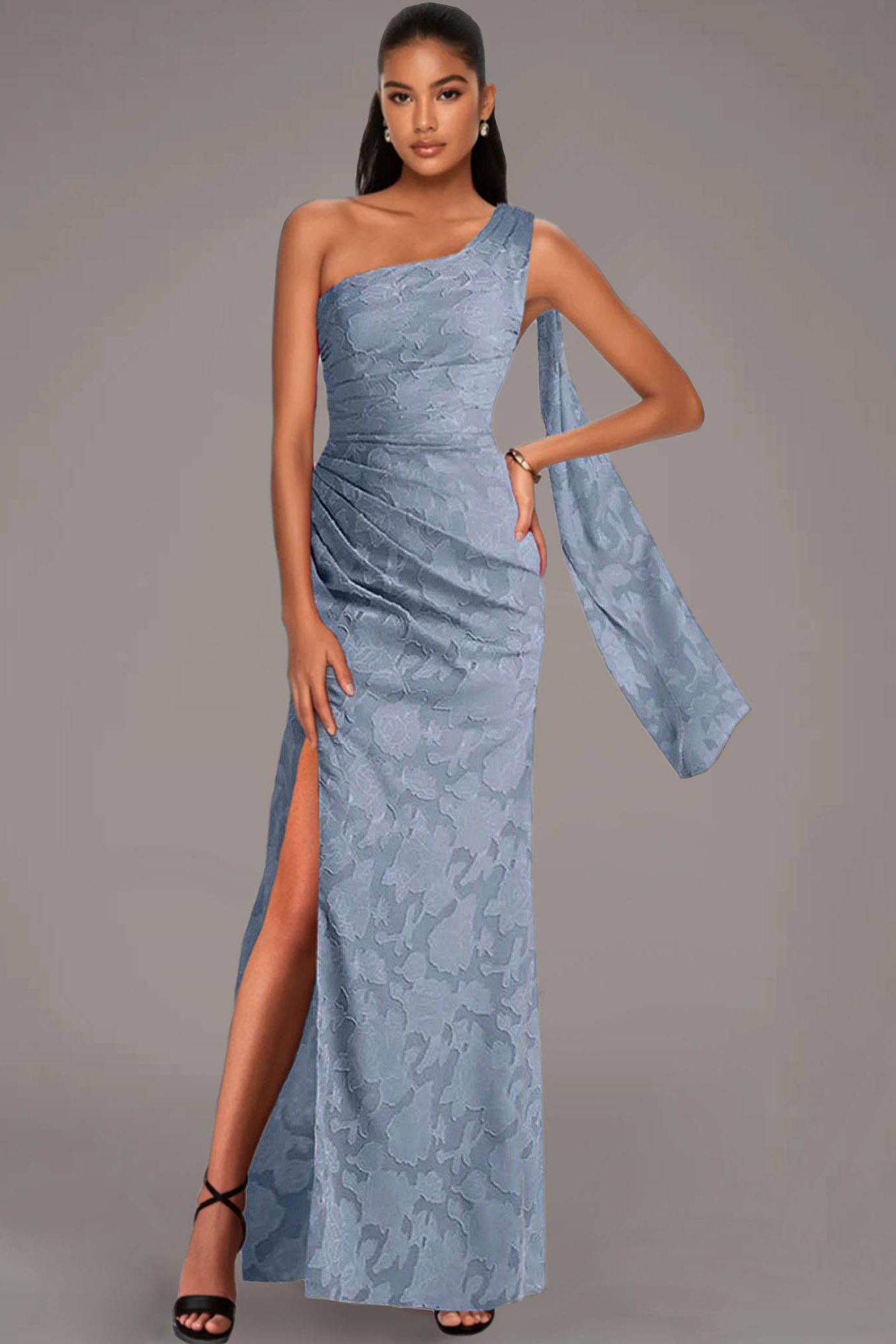 Holiday Party Dress Blue One Shoulder Side Slit Maxi Dress