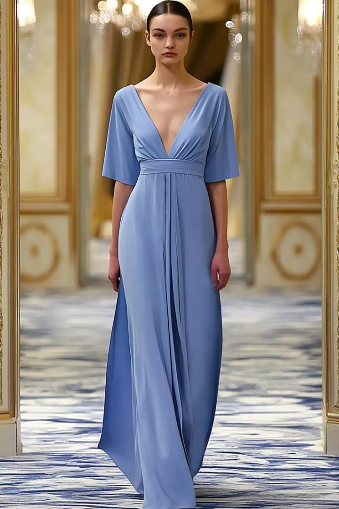 Vacation Dress Blue Deep V Half Sleeve Loose Floor-Length Dress