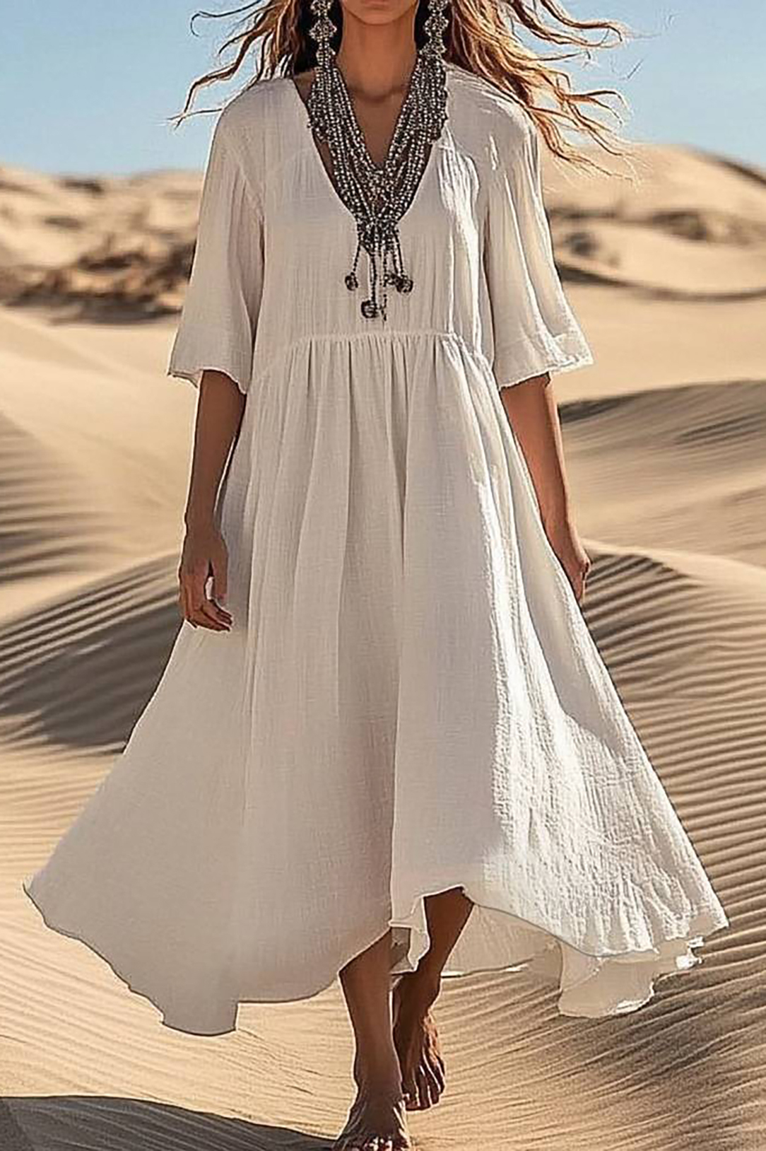 Bohemian Casual Dress Beige Linen Loose Half-Sleeve Maxi Dress