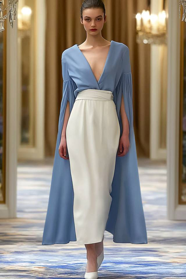 Semiformal Party Dress Blue White Deep V Cape Sleeve Midi Dress