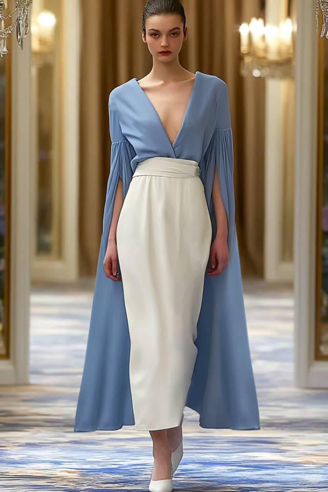 Semiformal Party Dress Blue White Deep V Cape Sleeve Midi Dress