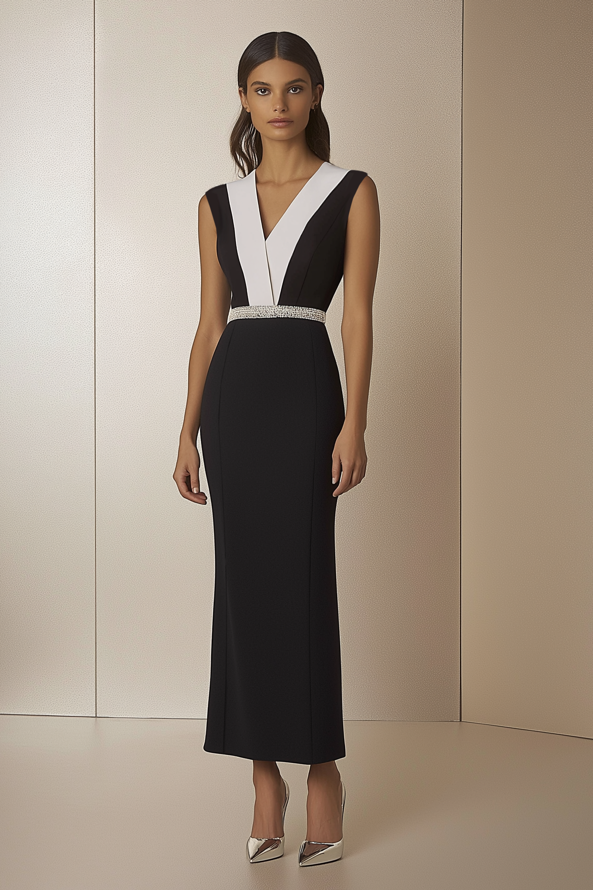 Work Semi Formal Dress Black White Cross Neck Sleeveless Bodycon Maxi Dress