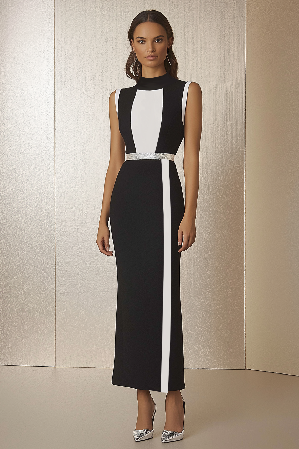 Semi Formal Party Dress Black White Stand Collar Sleeveless Bodycon Maxi Dress