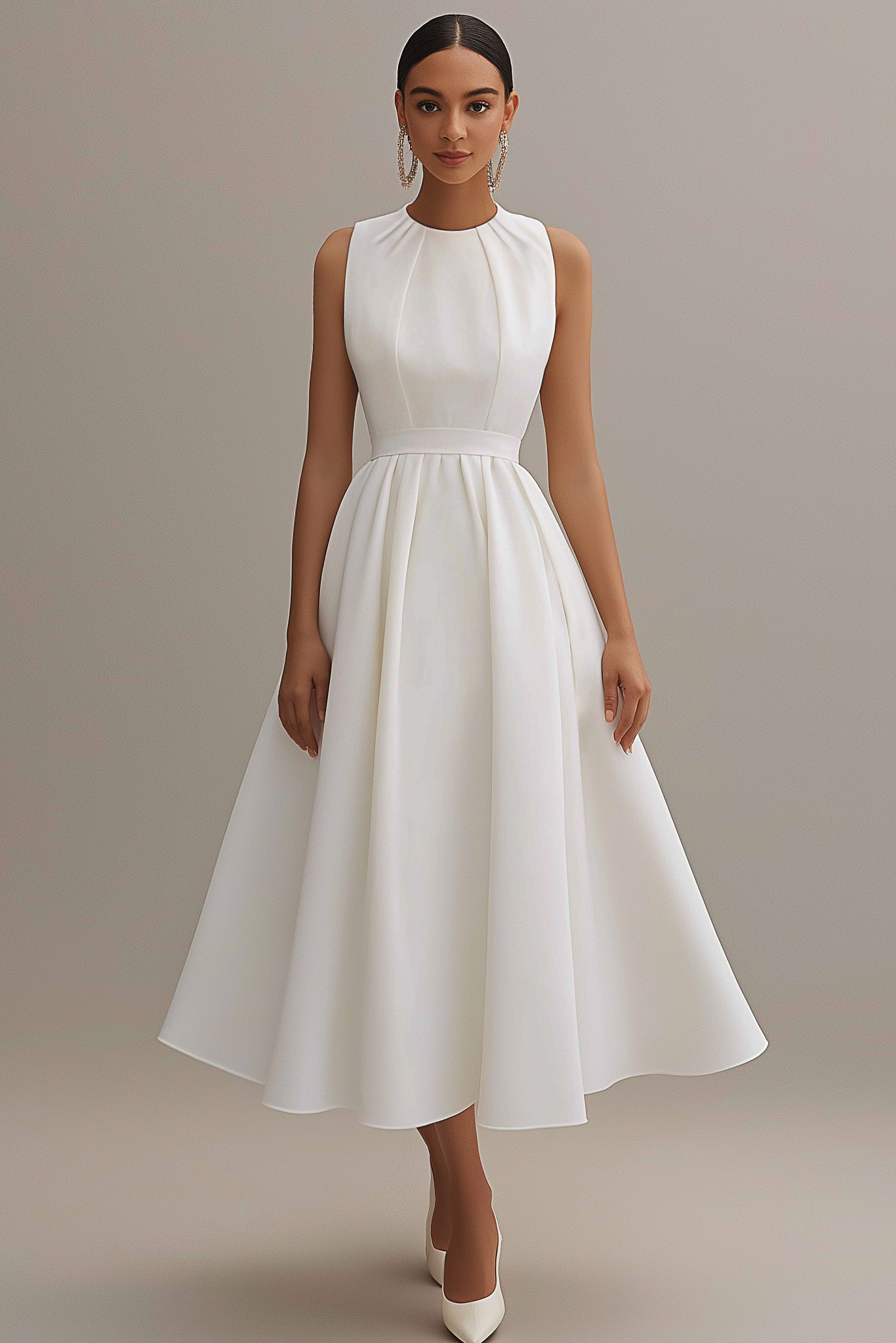 Semi Formal Party Dress White Round Neck Sleeveless A-Line Midi Dress