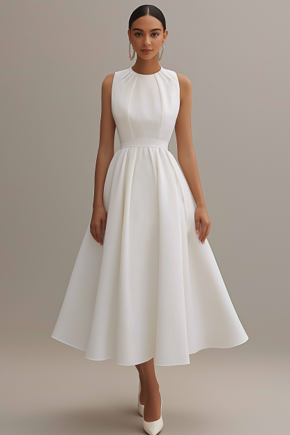 Semi Formal Party Dress White Round Neck Sleeveless A-Line Midi Dress