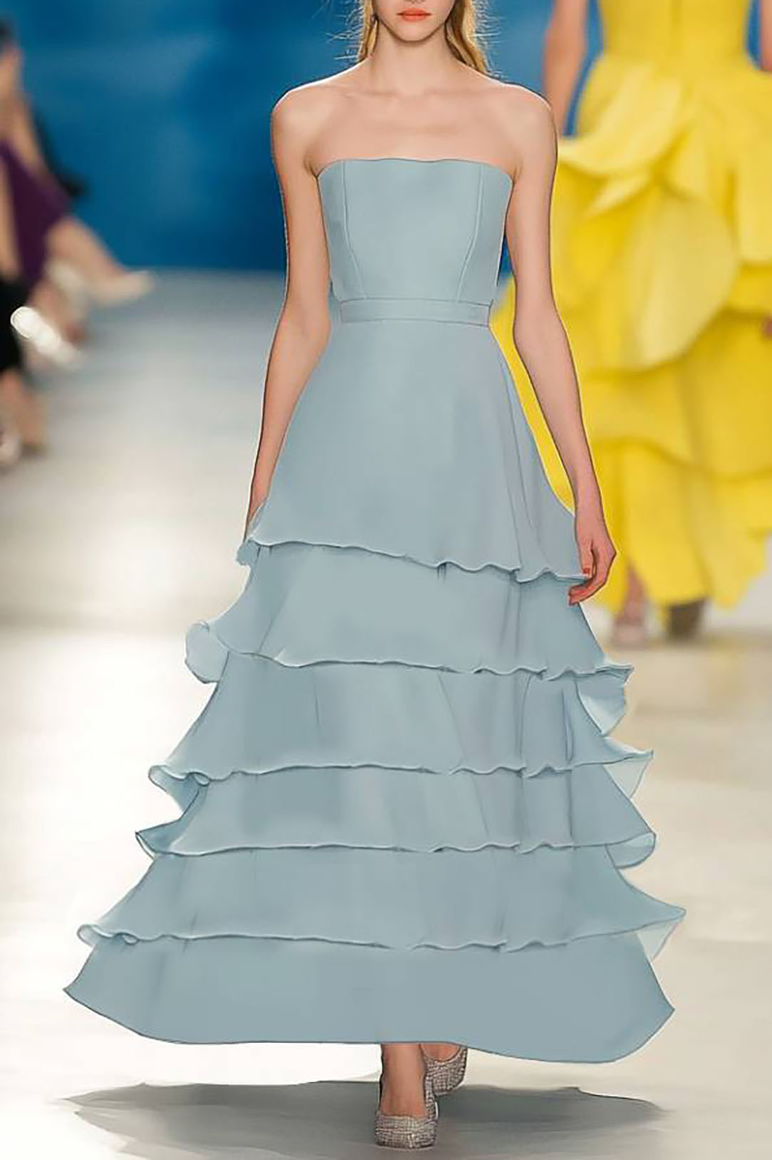 Party Tiered Dress Light Blue Strapless A-Line Maxi Dress