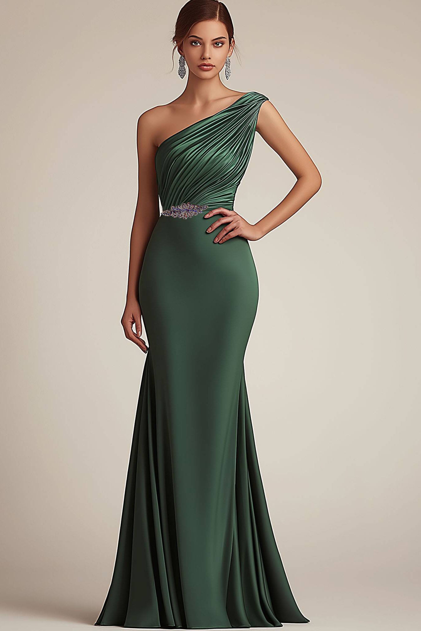 Formal Evening Dress Green One Shoulder Pleated Mermaid Floor-Length Gown