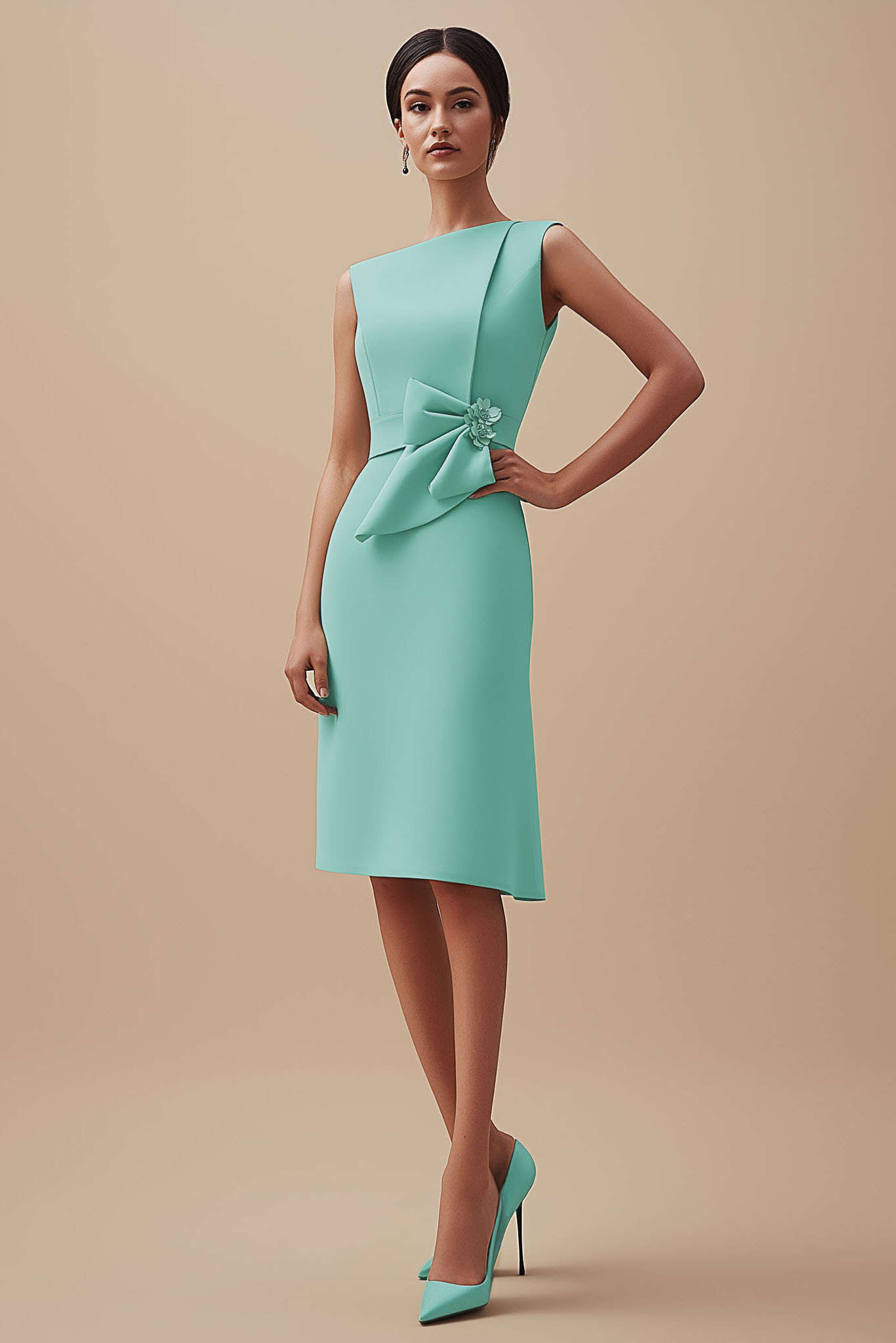 Work Semi Formal Dress Light Green Sleeveless Bow Knee Length Dress