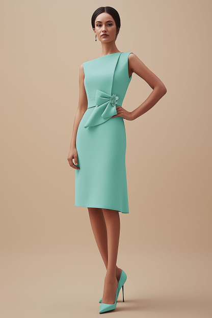 Work Semi Formal Dress Light Green Sleeveless Bow Knee Length Dress