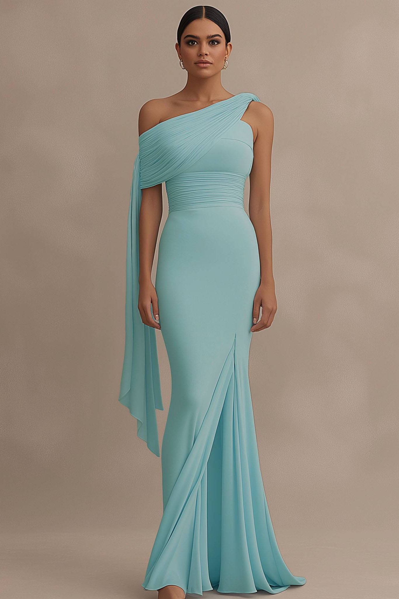 Formal Evening Dress Light Blue One Shoulder Draped Slit Floor Dress