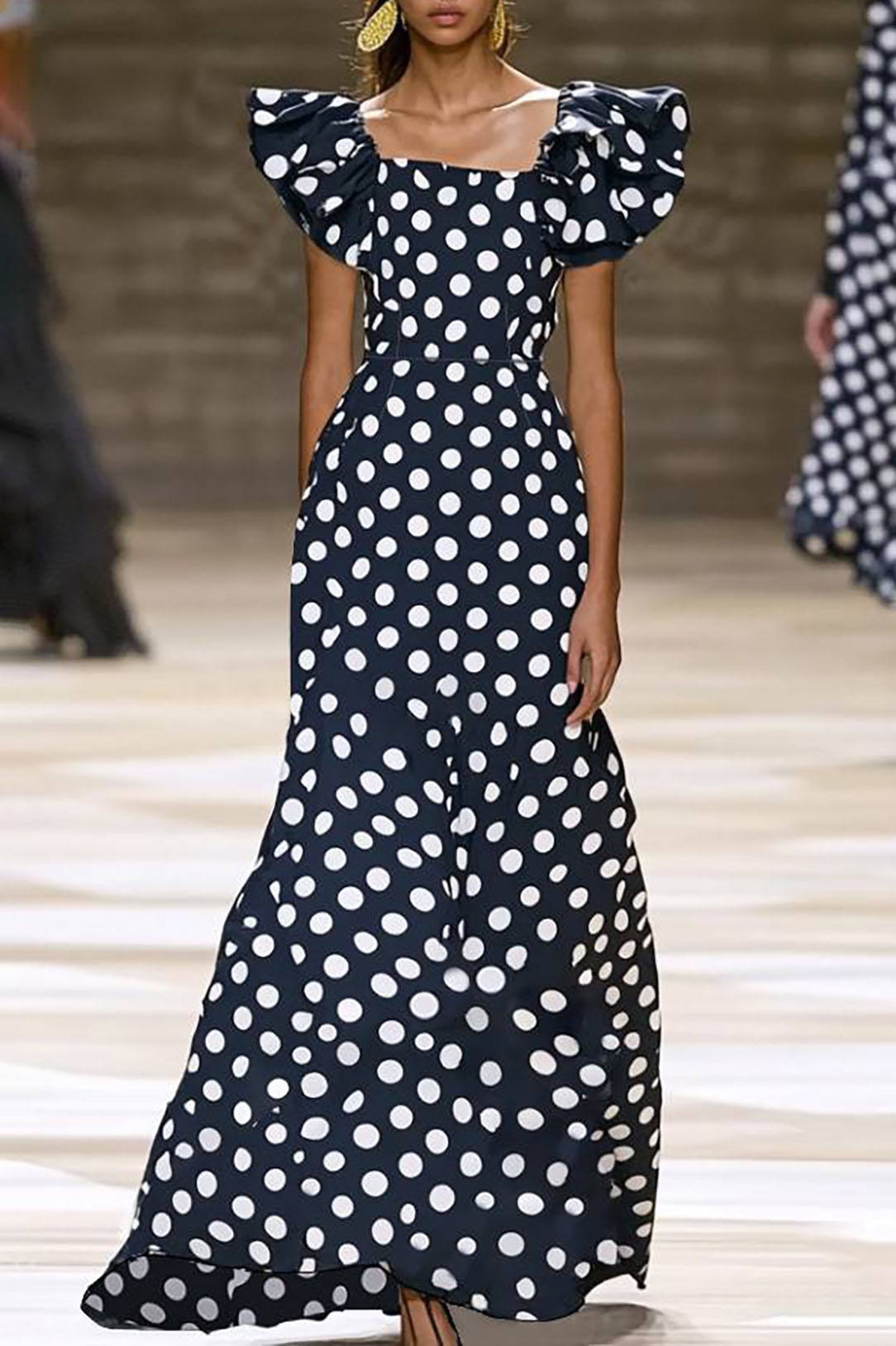 Party Polka Dot Dress Black White Square Neck Floor Dress