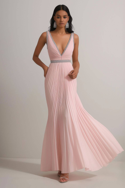Party Dress Pink Deep V Sleeveless Pleated Maxi Dress