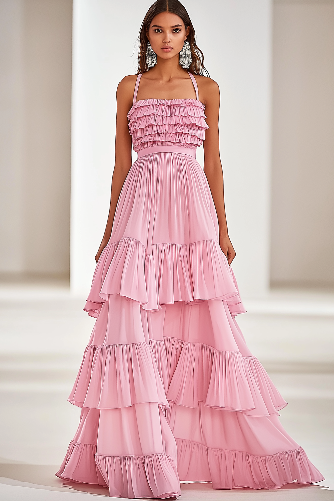 Vacation Party Tiered Dress Pink Spaghetti Strap Ruffle Floor Dress